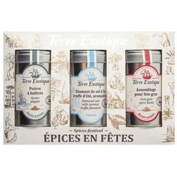 Набір подарунковий Terre Exotique: сіль Флер де Сель з трюфелем 60г + суміш перців для устриць 60 г + суміш спецій для фуа-гра 60 г