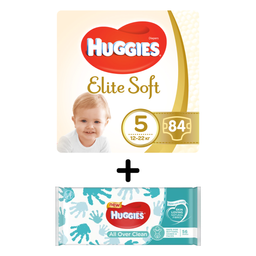 Набор Huggies: Подгузники Huggies Elite Soft 5 (12-22 кг), 84 шт. + Влажные салфетки Huggies All Over Clean, 56 шт.