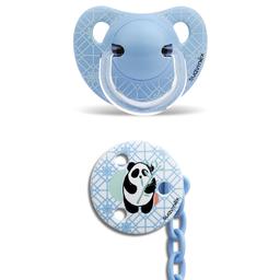 Пустышка силиконовая и цепочка Suavinex Истории панды, 6-18 мес., голубой (304025)
