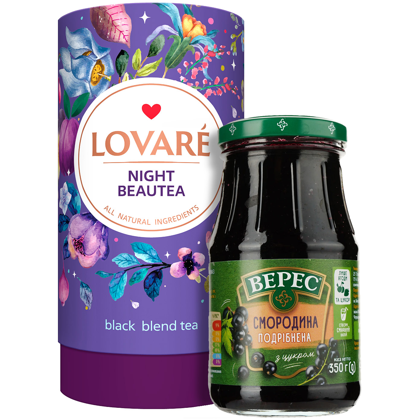 Набір: Чай чорний Lovare Night Beautea 80 г + Джем Верес Чорна смородина з цукром 350 г - фото 1