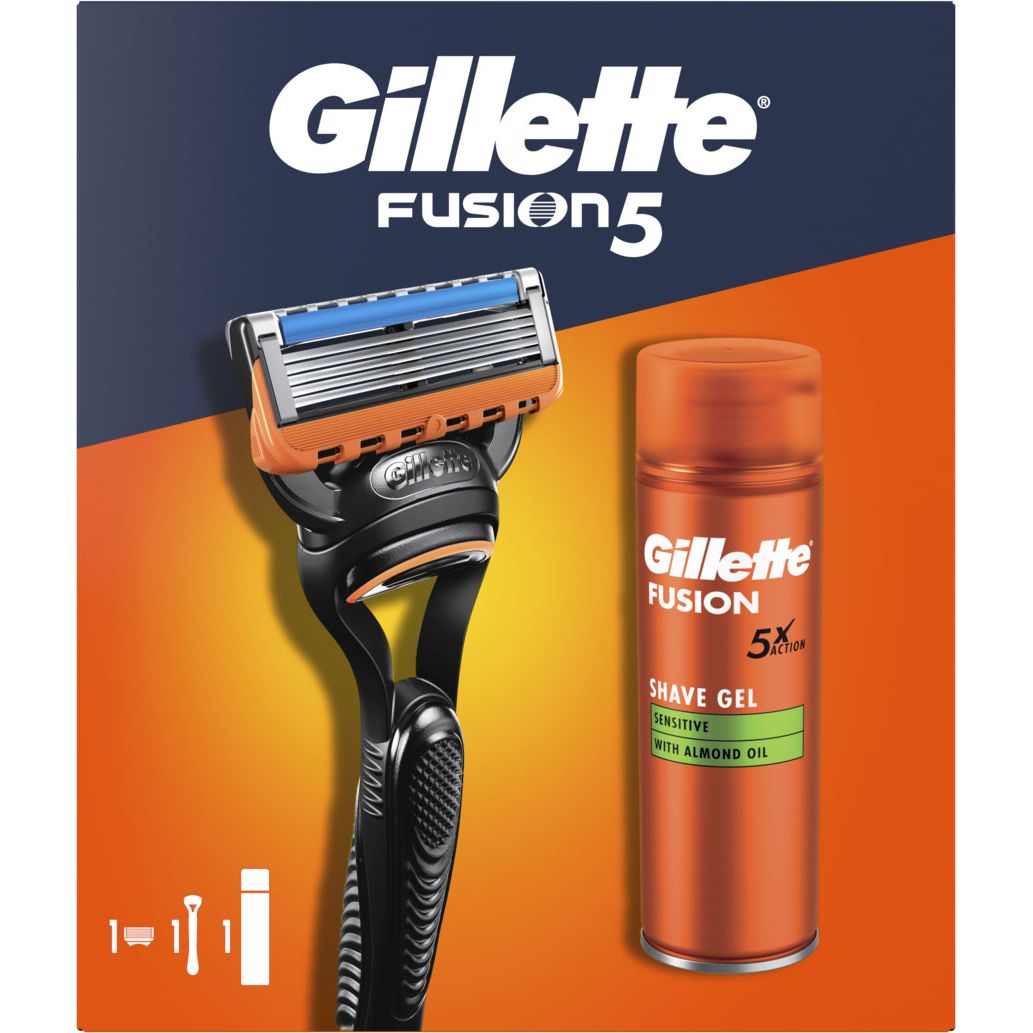 Подарунковий набір: Станок для гоління чоловічий Gillette Fusion5 з 1 змінним картриджем + Гель для гоління Gillette Fusion5 для чутливої шкіри 200 мл - фото 2