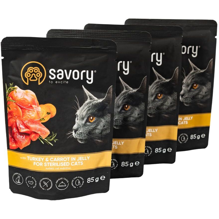 Набор влажных кормов Savory 3+1 для стерилизованных кошек, индейка с морковью в желе 340 г (4 шт. х 85 г) - фото 3
