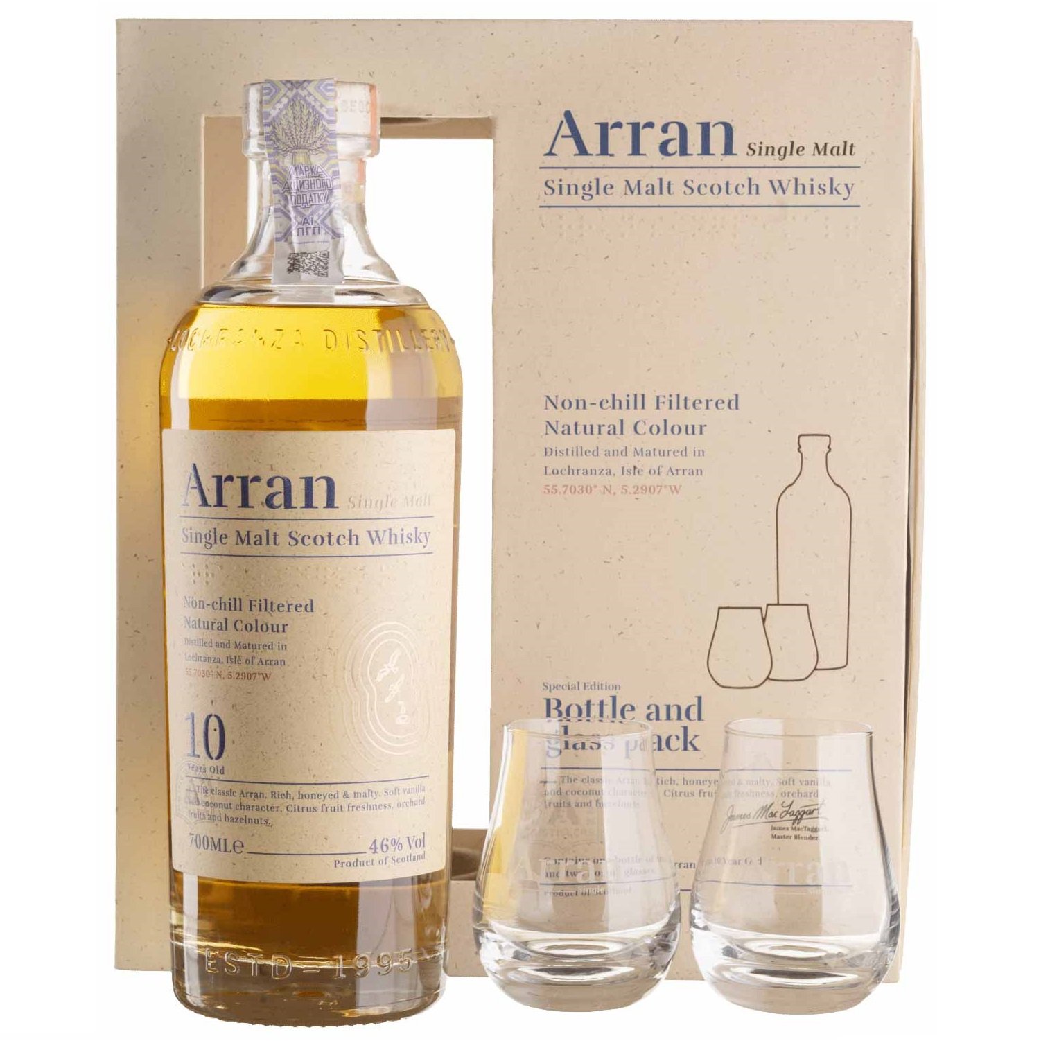 Виски Arran 10 yo Single Malt Scotch Whisky, 40 %, 0,7 л + 2 бокала (Q0452) - фото 1