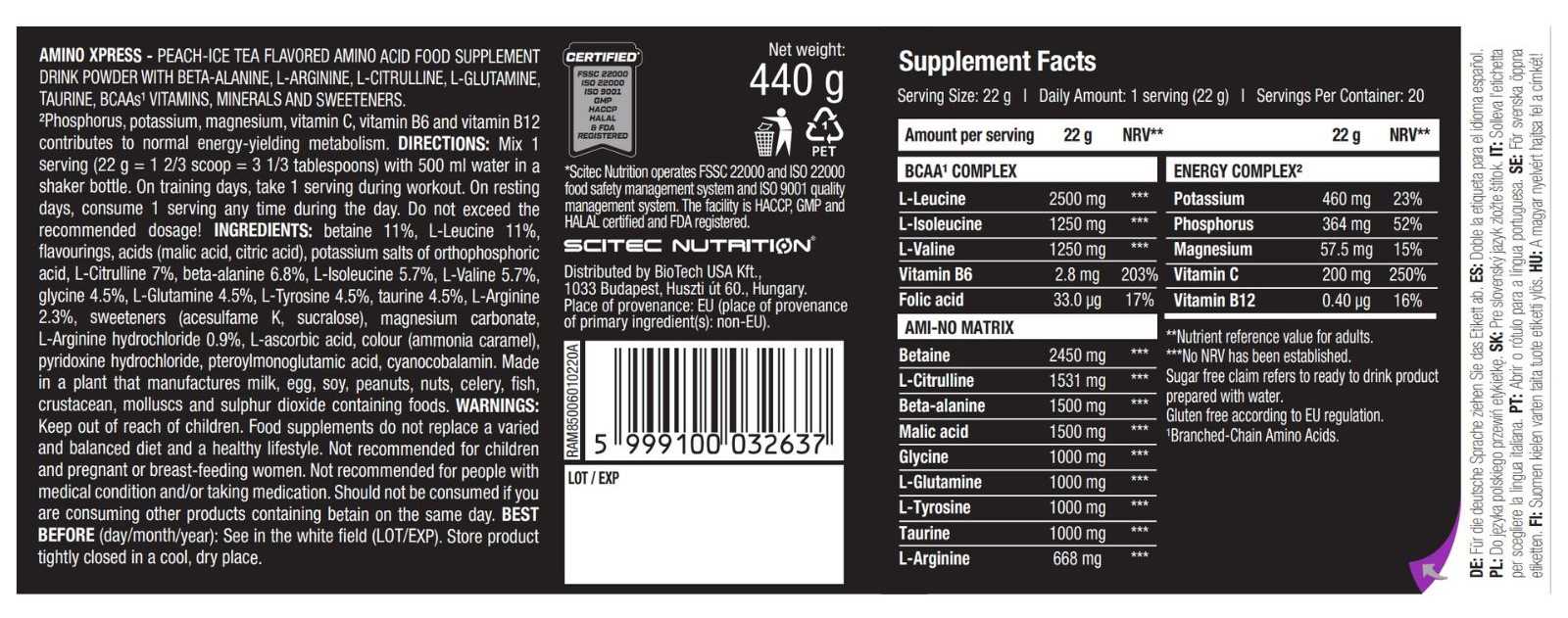 Аминокислоты Scitec Nutrition Ami-NO Xpress Персик-чай 440 г - фото 2