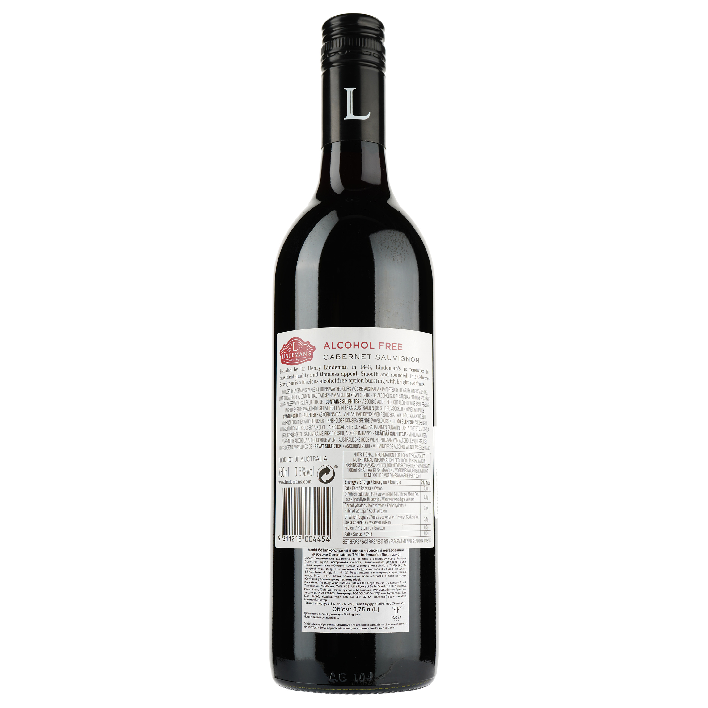 Вино Lindeman's Cabernet Sauvignon, безалкогольное, красное, полусладкое, 0,75 л - фото 2