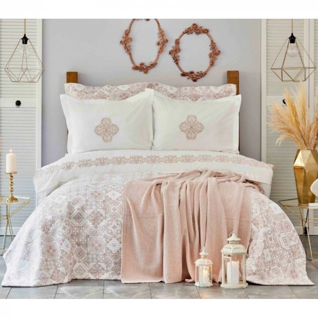 Набор постельное белье с покрывалом и пледом Karaca Home Privat Celine pudra, евро, светло-розовый, 10 предметов (svt-2000022285681) - фото 1