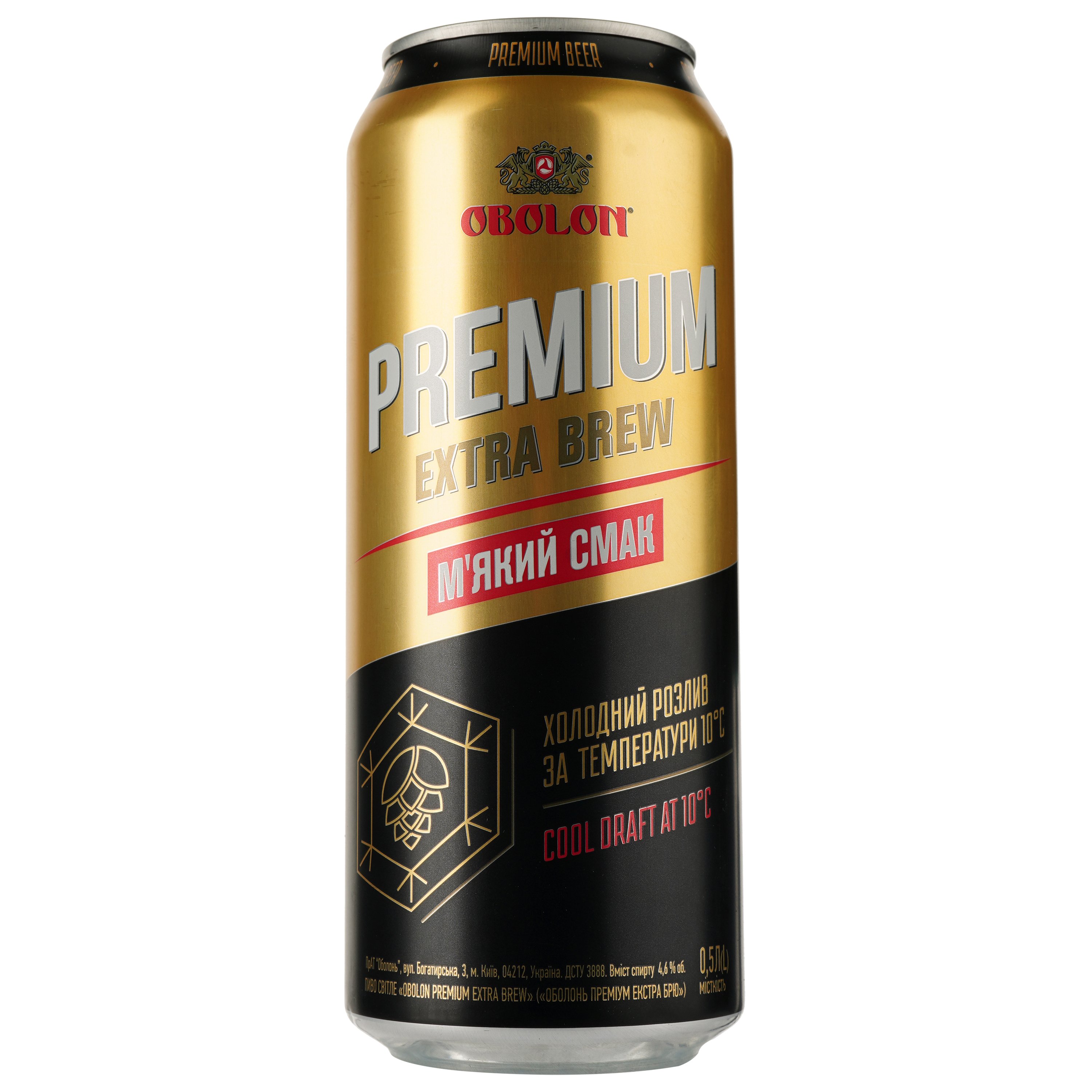 Пиво Оболонь Premium Extra Brew, светлое, фильтрованное, 4,6%, ж/б, 0,5 л (805168) - фото 1