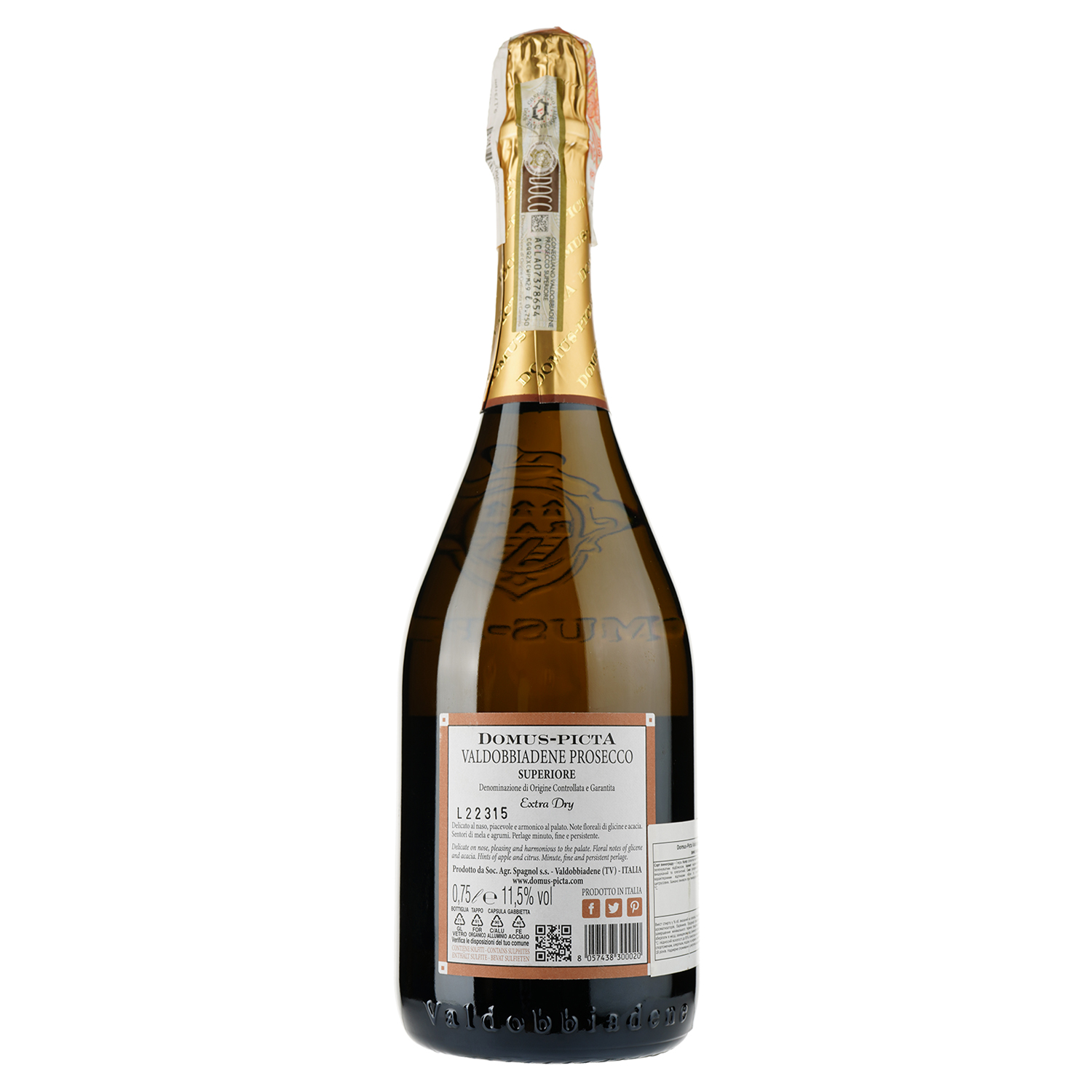 Игристое вино Domus-pictA Valdobbiadene Prosecco Superiore DOCG Extra Dry, белое, экстра сухое, 0,75 л - фото 2