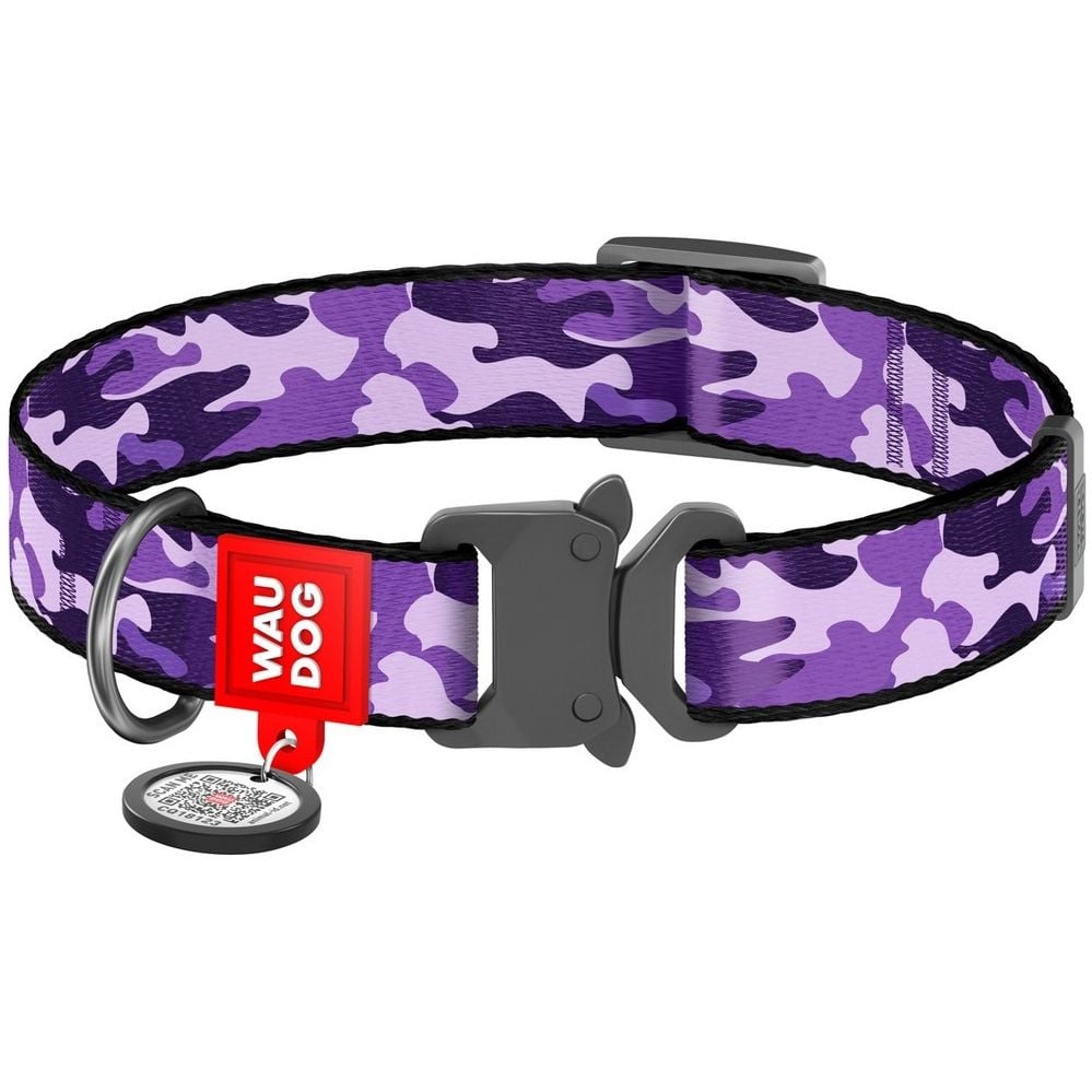 Ошейник для собак Waudog Nylon Фиолетовый камо, c QR паспортом, металлическая пряжка-фастекс, 35-58х2,5 см - фото 1