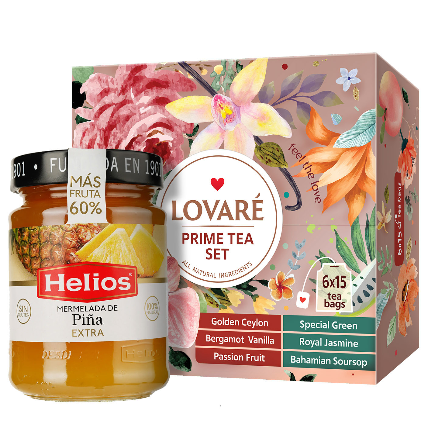 Набір: Чай асорті Lovare Prime Tea Set 180 г (90 шт. x 2 г) + Джем Helios з ананасів 340 г - фото 1