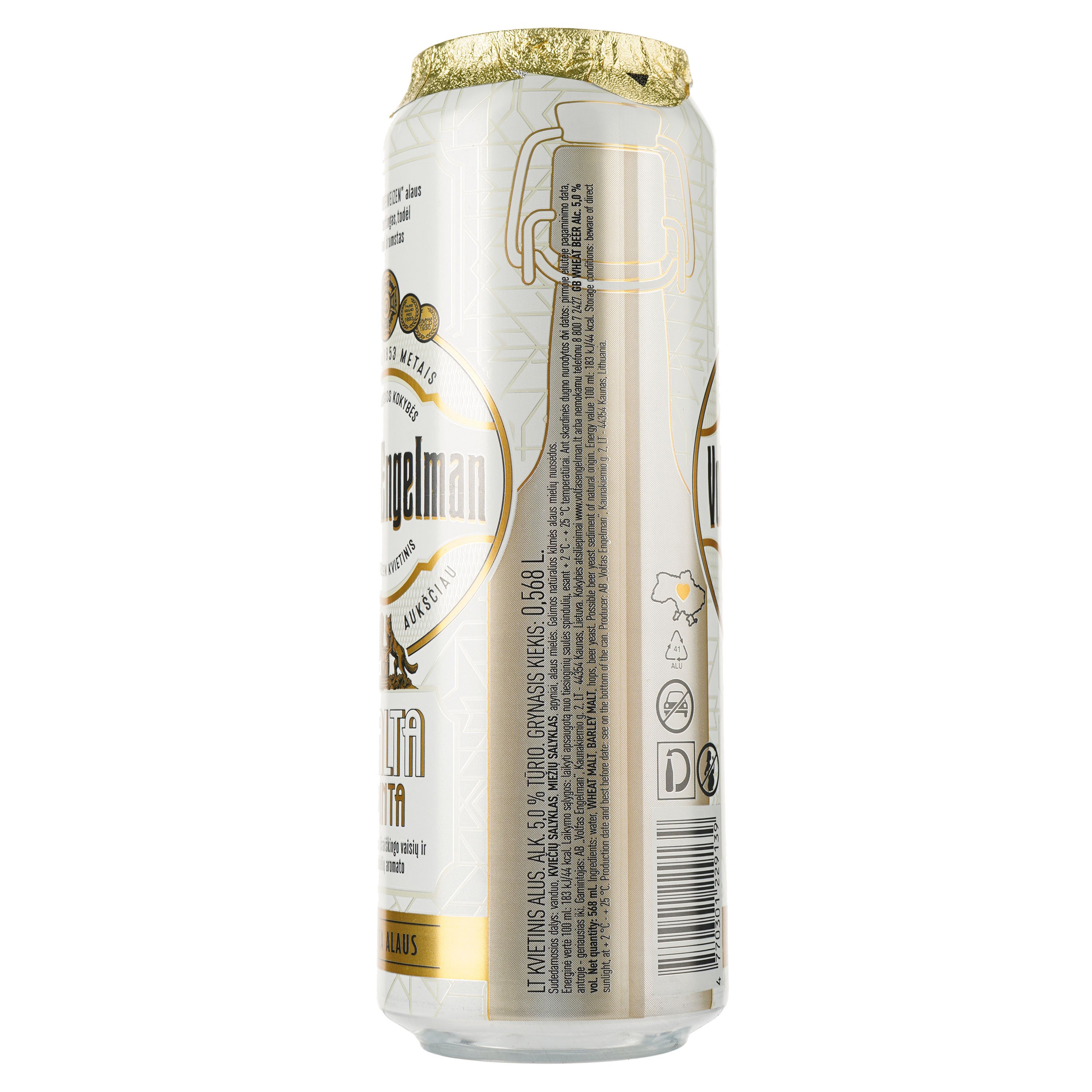 Пиво Volfas Engelman Balta Pinta, пшеничное, светлое, нефильтрованное, ж/б, 5%, 0,568 л - фото 2