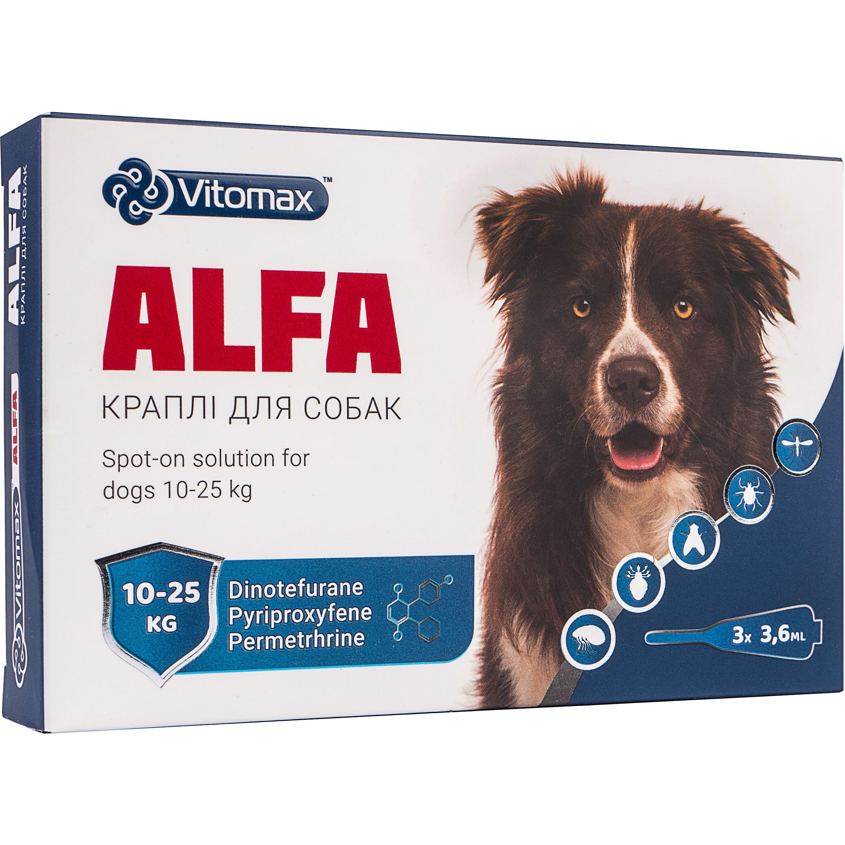 Краплі на холку Vitomax Alfa протипаразитарні для собак 10-25 кг, 3.6 мл, 3 піпетки - фото 1
