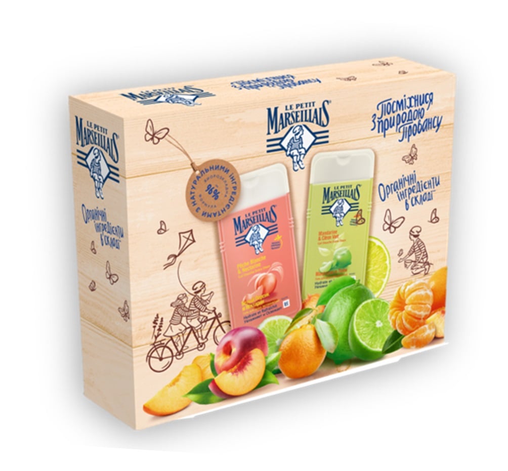 Подарочный набор Le Petit Marseillais Сочная волна свежести: гель для душа Белый персик и нектарин, 250 мл + гель для душа Мандарин и Лайм, 250 мл - фото 1