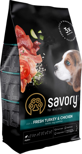 Сухий корм для цуценят Savory Puppy rich in Fresh Turkey&Chicken, зі свіжим м'ясом індички і куркою, 3 кг - фото 1