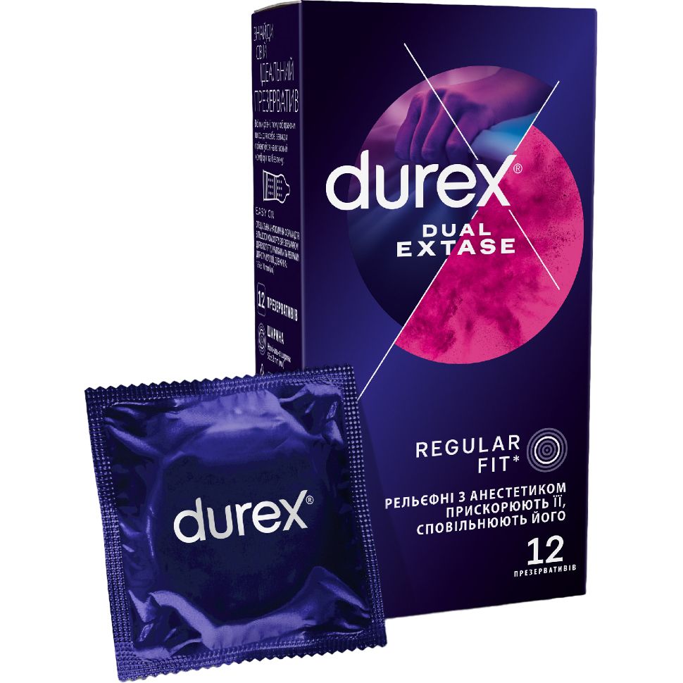 Презервативы латексные с силиконовой смазкой Durex Dual Extase, рельефные с анестетиком, 12 шт. (3022818) - фото 1