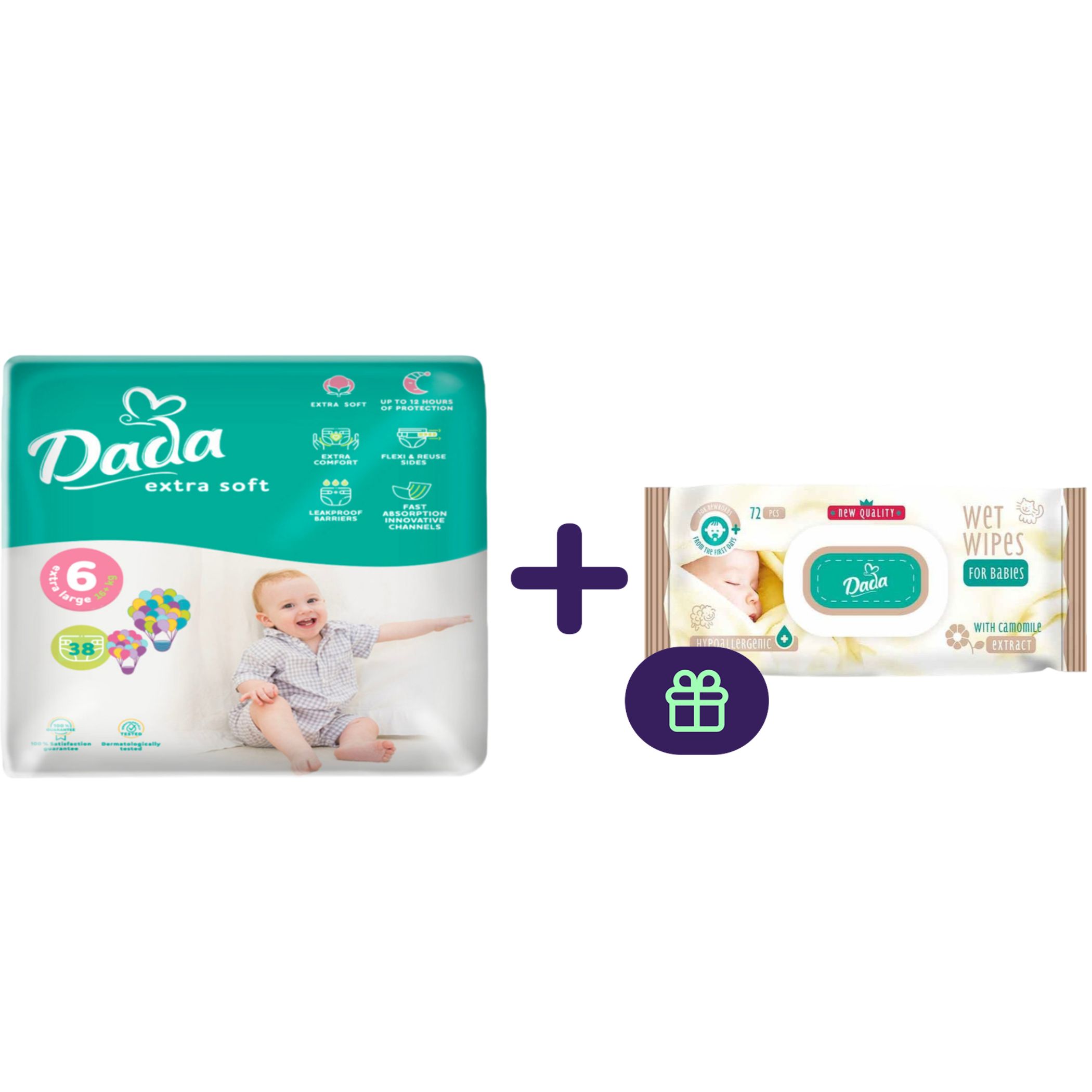 Набор: Подгузники Dada Extra Soft 6 (16+кг) 38 шт. + Детские влажные салфетки Dada с ромашкой гипоаллергенные с клапаном 72 шт. - фото 1