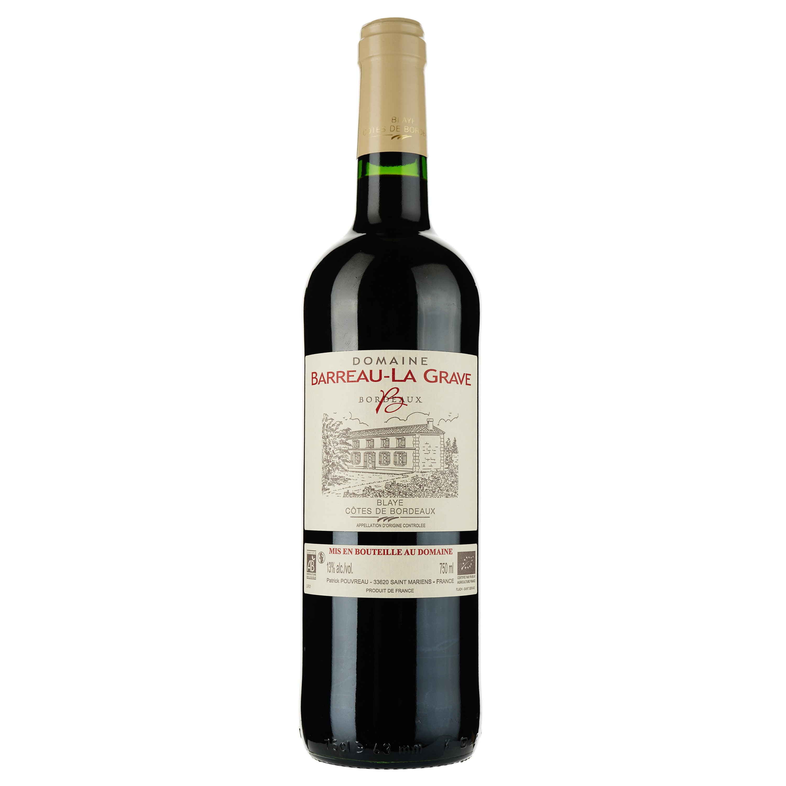 Вино Domaine Barreau la Grave AOP Blaye Cotes de Bordeaux 2020 красное сухое 0.75 л - фото 1