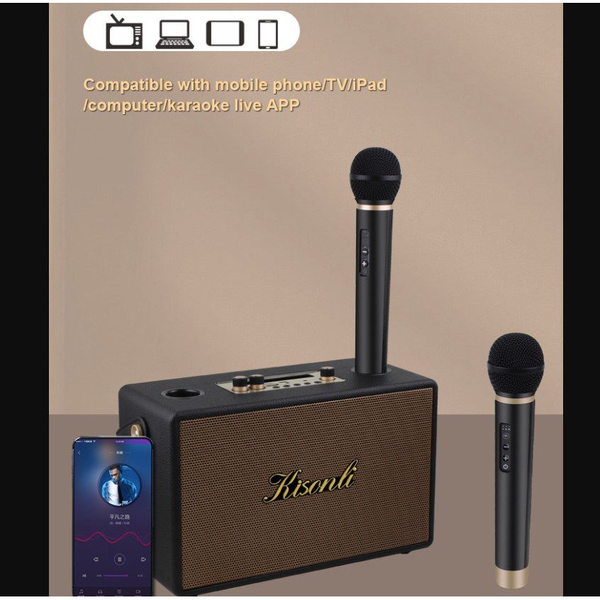 Портативная колонка ретро для караоке Kisonli G101 Bluetooth 2400 mAh 30 Вт 2 микрофона Black - фото 4
