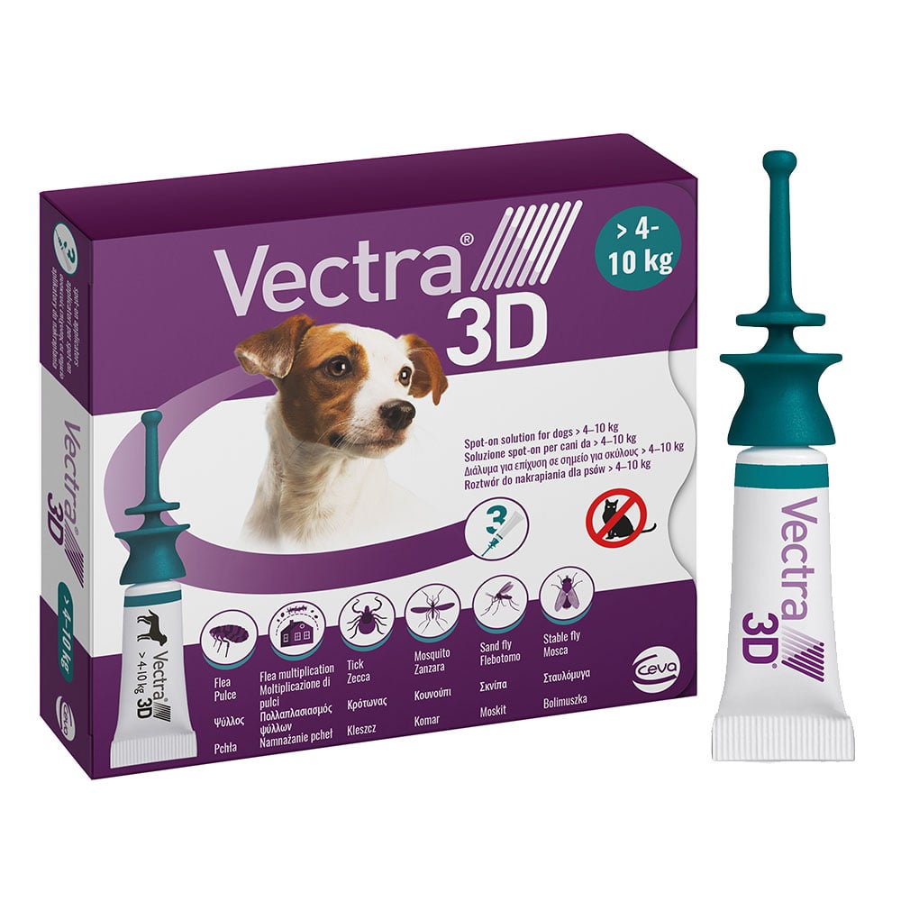 Краплі на холку для собак від 4,1 до 10,0 кг CEVA Vectra 3D, від зовнішніх паразитів, 1 упаковка (3 піпетки по 1,6 мл) - фото 1