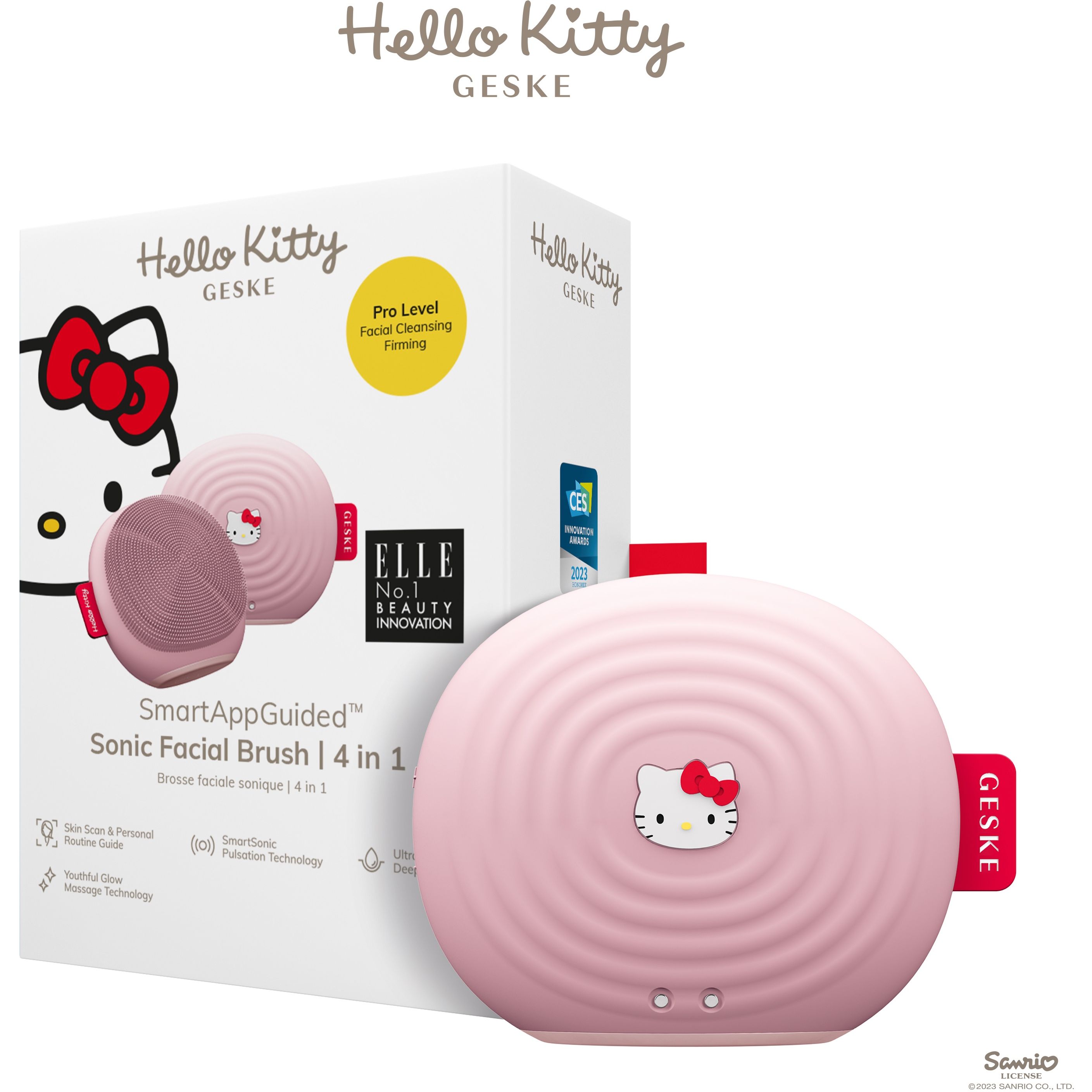 Электронная звуковая щетка для лица GESKE Sonic Facial Brush 4 в 1 by Hello Kitty розовая - фото 1