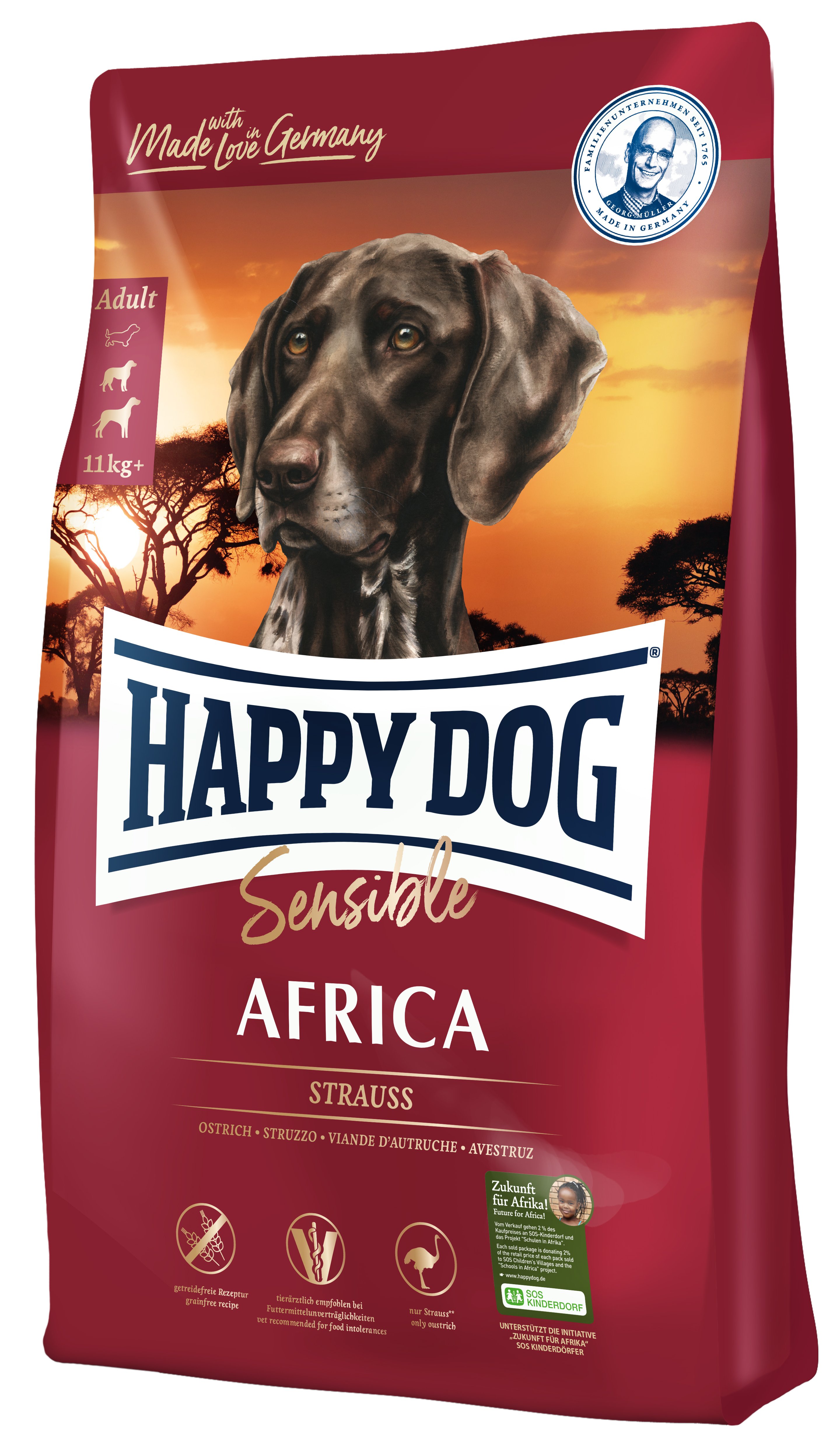 Беззерновой сухой корм для собак средних и больших пород склонных к аллергии и с чувствительным пищеварением Happy Dog Adult Supreme Sensible Africa, страус и картофельные чипсы, 1 кг (3545) - фото 1