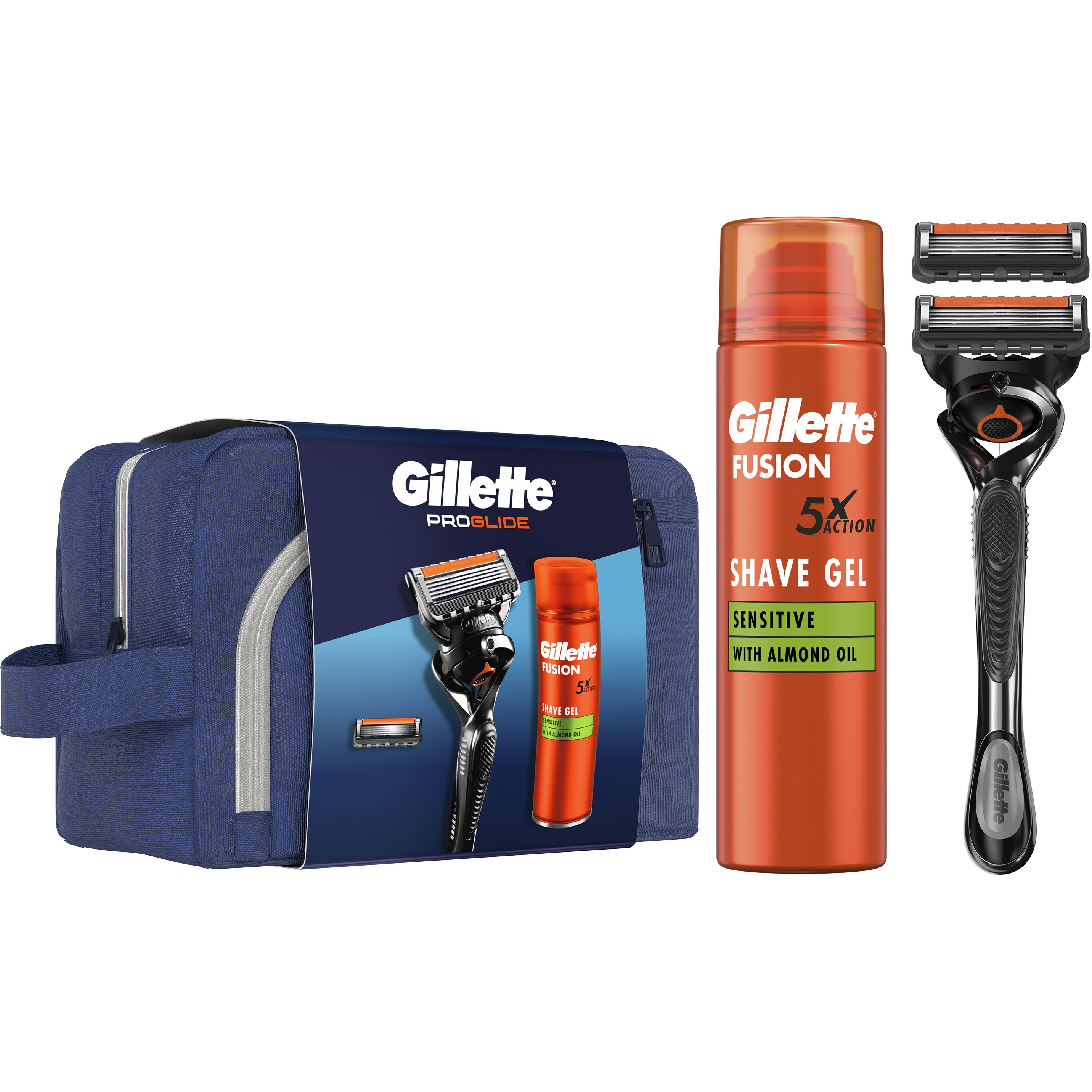 Подарунковий набір для чоловіків Gillette Fusion5 ProGlide: бритва + змінні катріджі для гоління 2 шт. + гель для гоління 200 мл + косметичка - фото 1