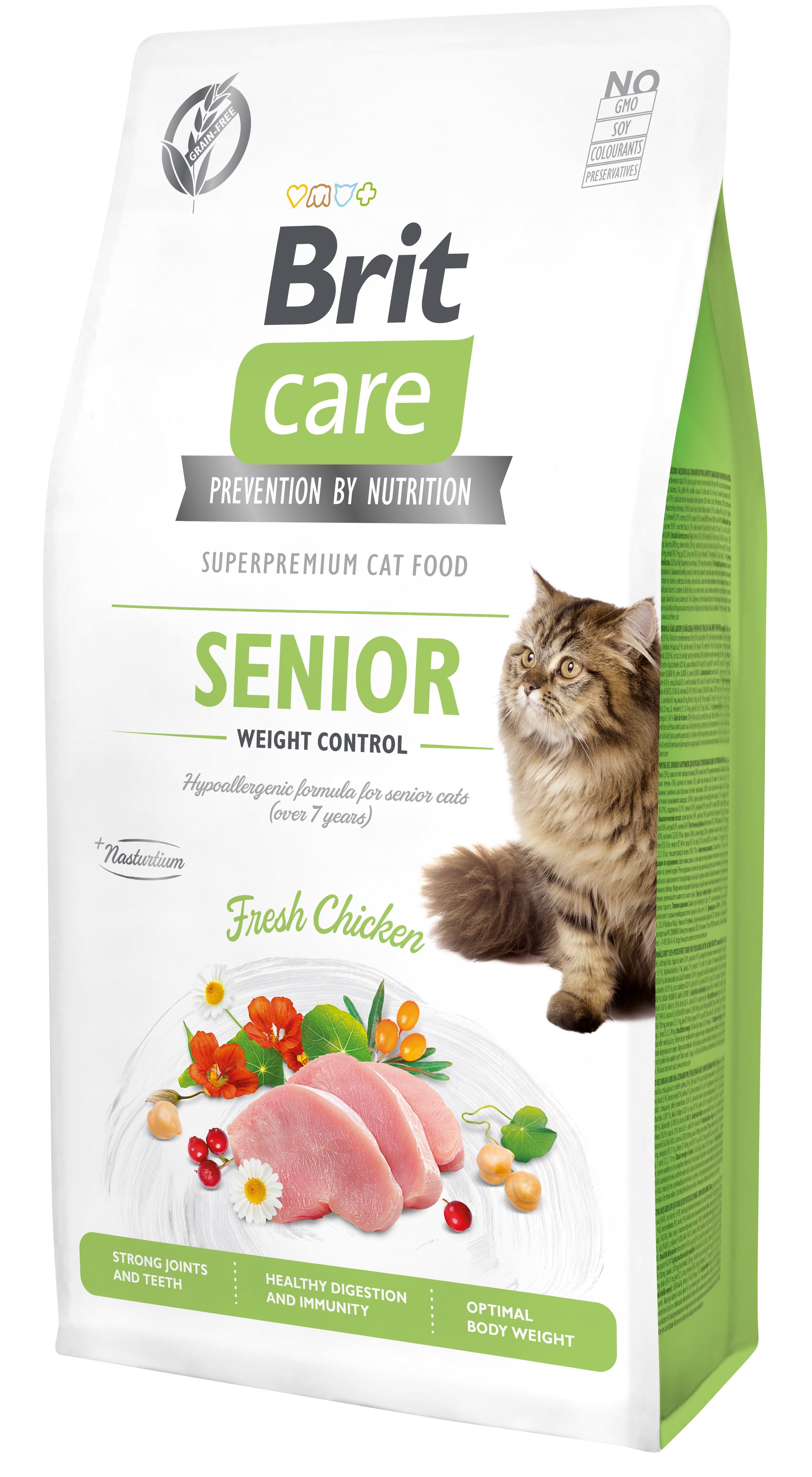 Беззерновой сухой корм для пожилых кошек с избыточным весом Brit Care Cat GF Senior Weight Control, с курицей, 7 кг - фото 1