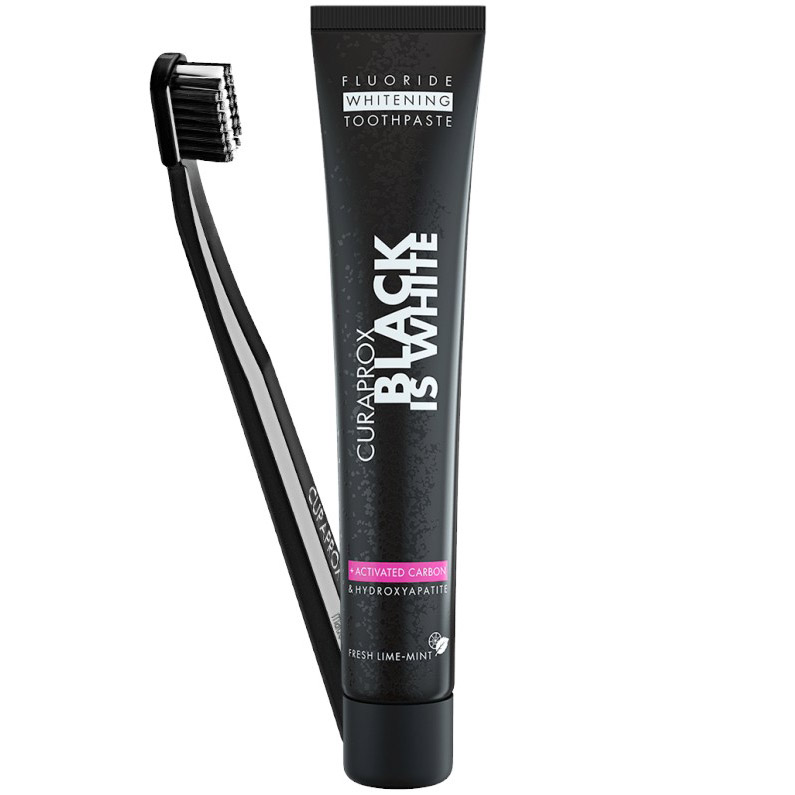 Набор: Зубная паста с активированным углем Curaprox Black is White 90 мл + Зубная щетка Curaprox Ultra Soft CS5460 - фото 1