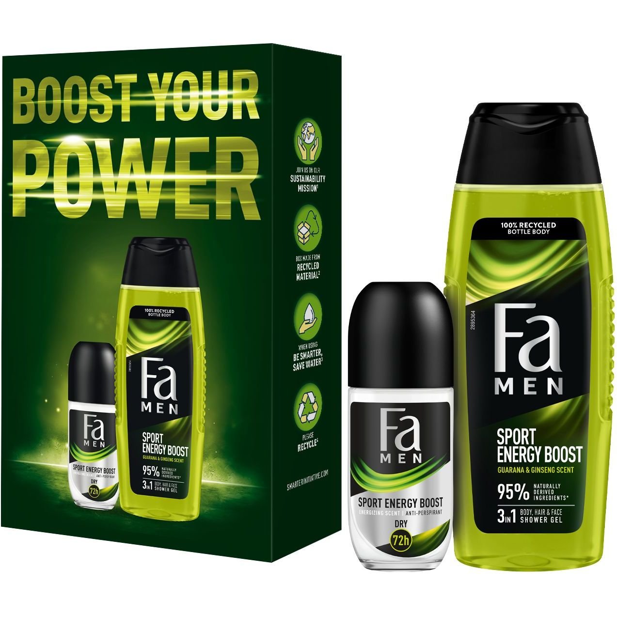 Набор Boost Your Power: Гель для душа Fa Men Sport Energy Boost 250 мл + Роликовый антиперспирант Fa Men Sport Energy Boost 50 мл - фото 1
