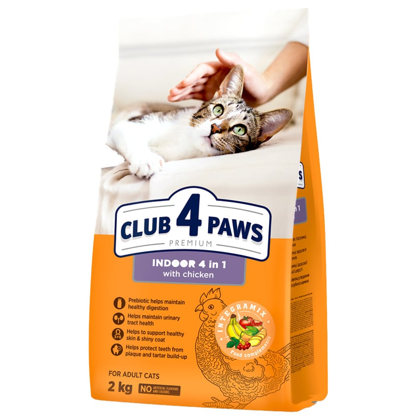 Сухой корм Club 4 Paws Premium 4 в 1 для взрослых кошек, живущих в помещении, с курицей, 2 кг - фото 1