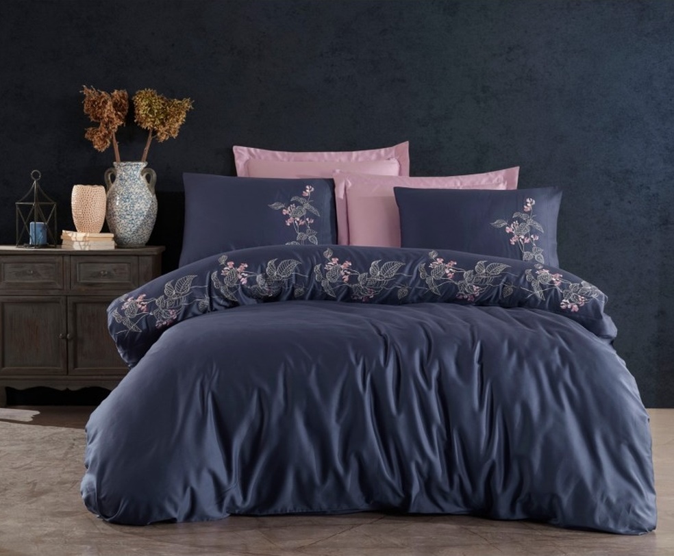 Комплект постельного белья Dantela Vita Efra lacivert сатин с вышивкой евро синий (svt-2000022328302) - фото 1