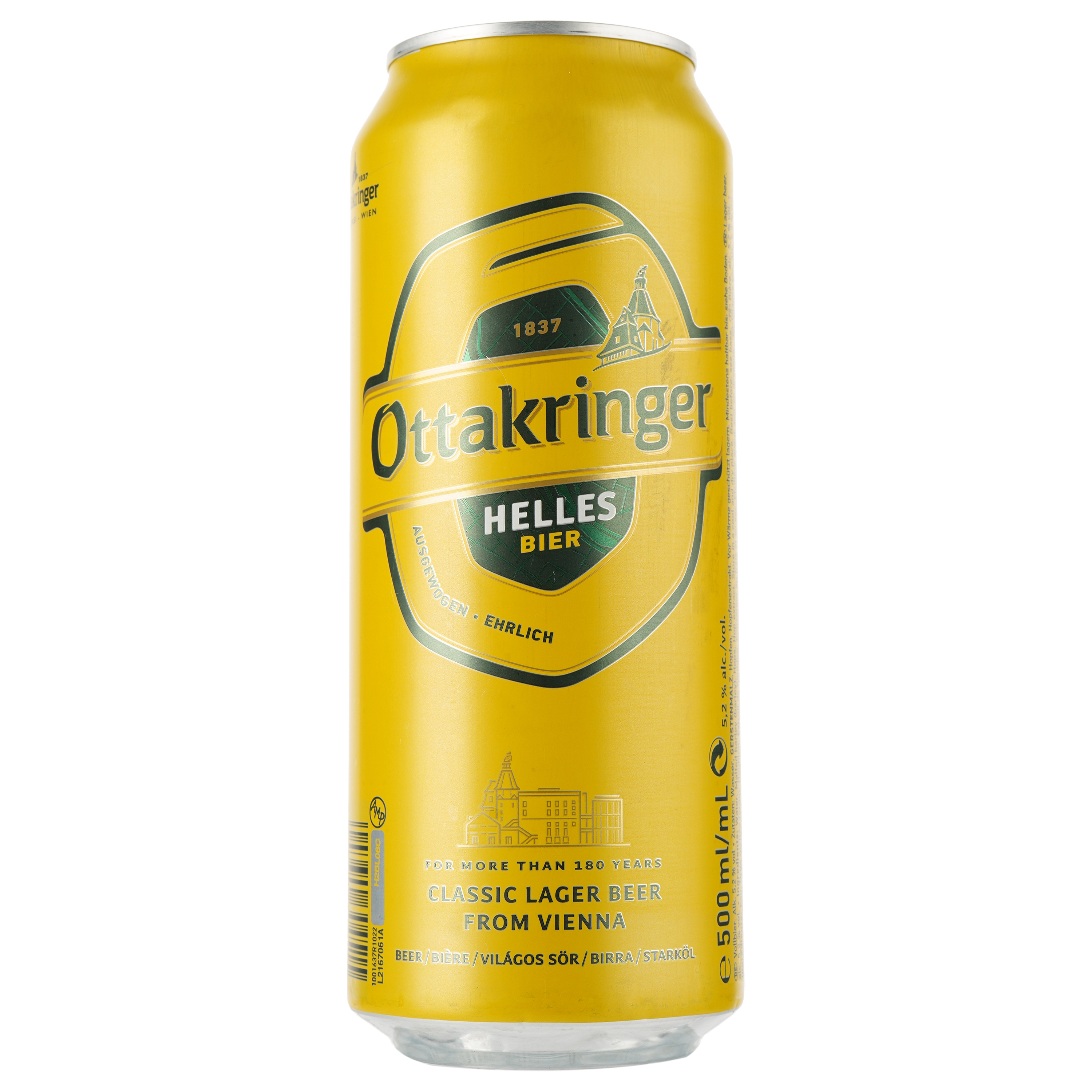 Пиво Ottakringer Helles, светлое, фильтрованное, 5,2%, ж/б, 0,5 л - фото 1