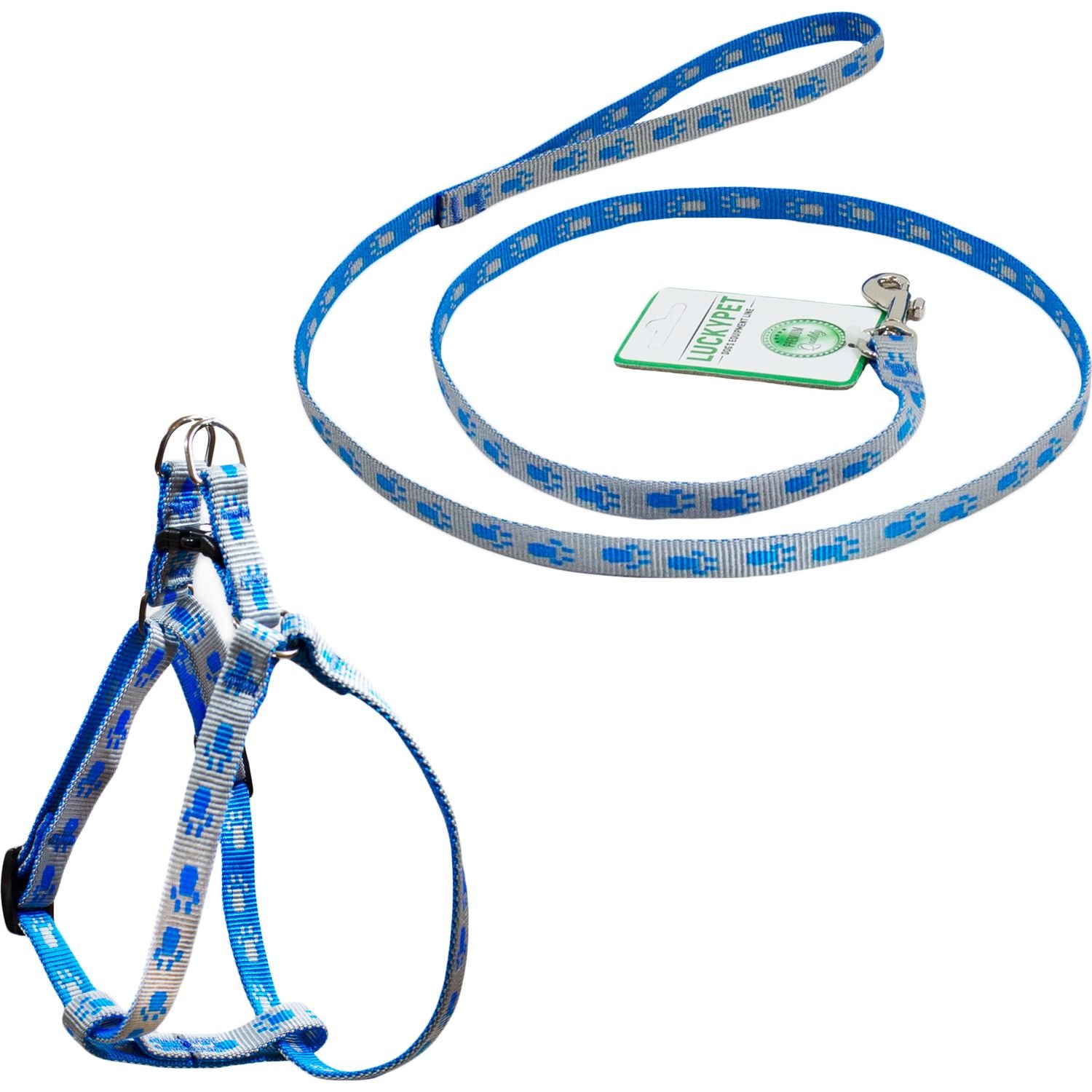 Комплект капроновый Lucky Pet Лапки: шлея 28-39х31-48х1,6 см + поводок, серо-голубой - фото 1