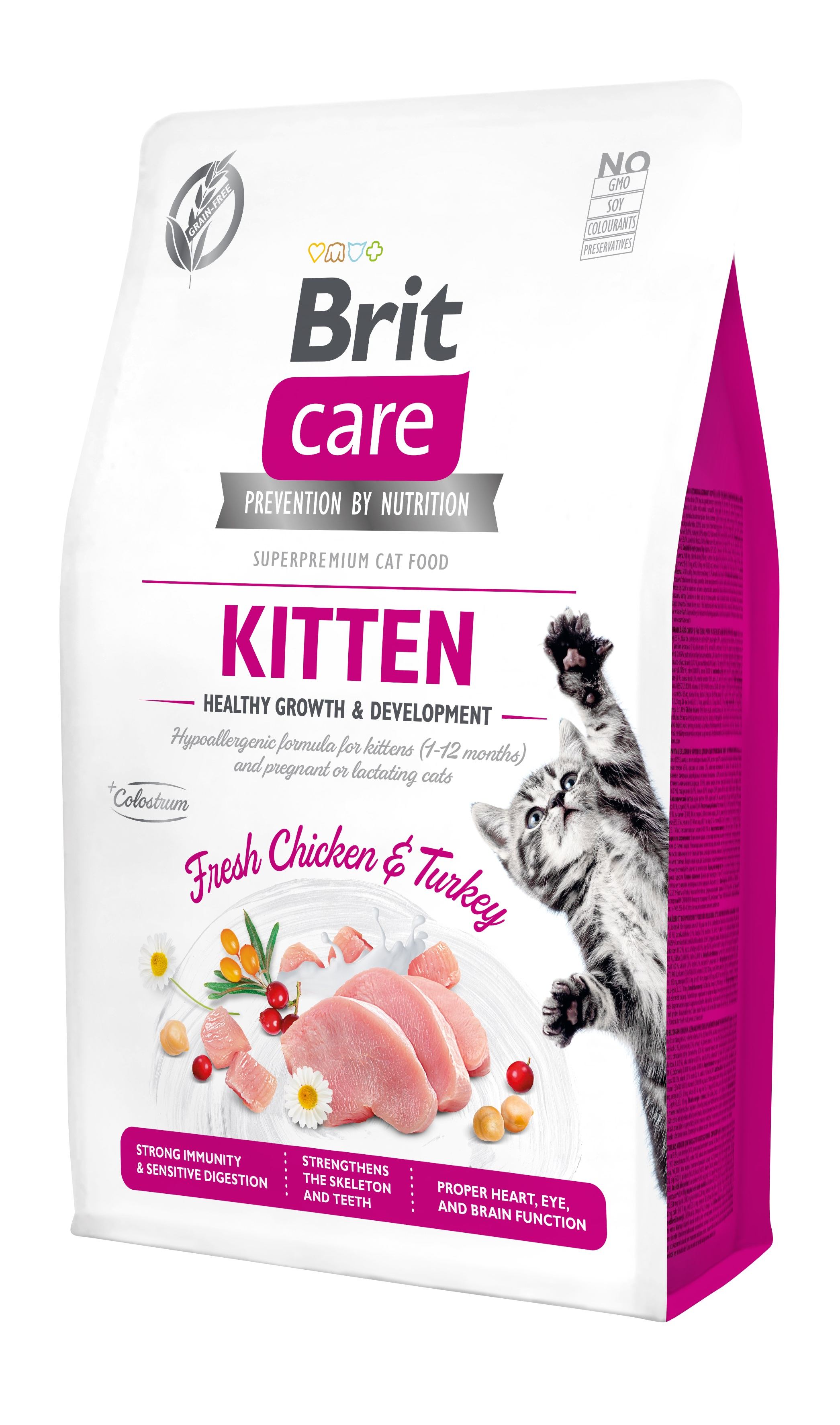 Беззерновой сухой корм для котят, а также для беременных или кормящих кошек Brit Care Cat GF Kitten Growth&Development, со свежей курицей и индейкой, 2 кг - фото 1