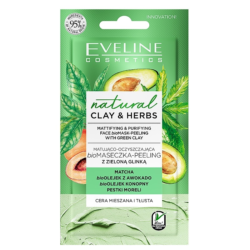 Матируюча очищаюча bio маска-пілінг Зелена глина Eveline Natural Clay&Herbs, 8 мл (D8CHMZG) - фото 1