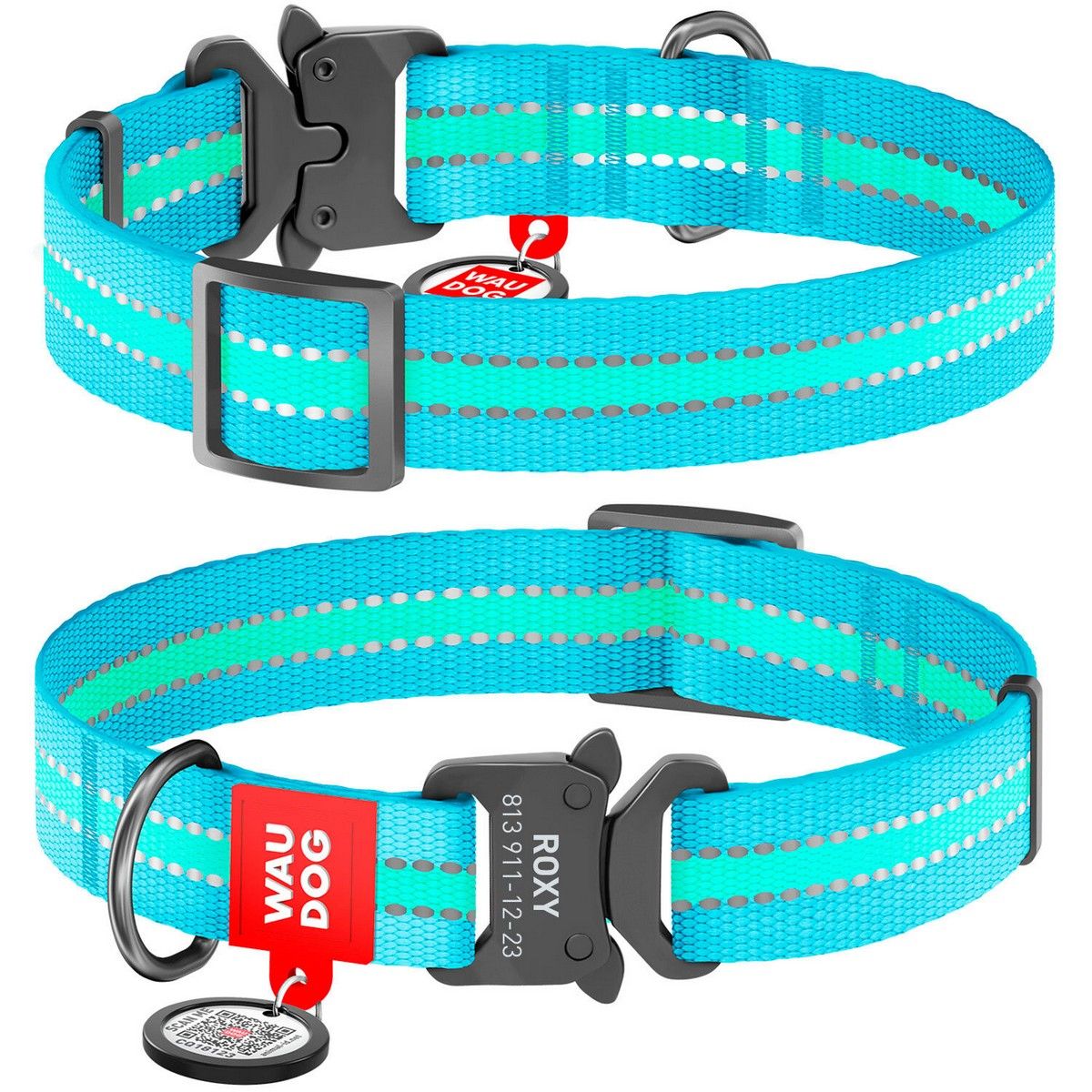 Нашийник для собак Waudog Nylon, світловідбивний, світлонакопичуючий, з QR паспортом, металева пряжка-фастекс, XL, 35-58х2,5 см, блакитний - фото 3