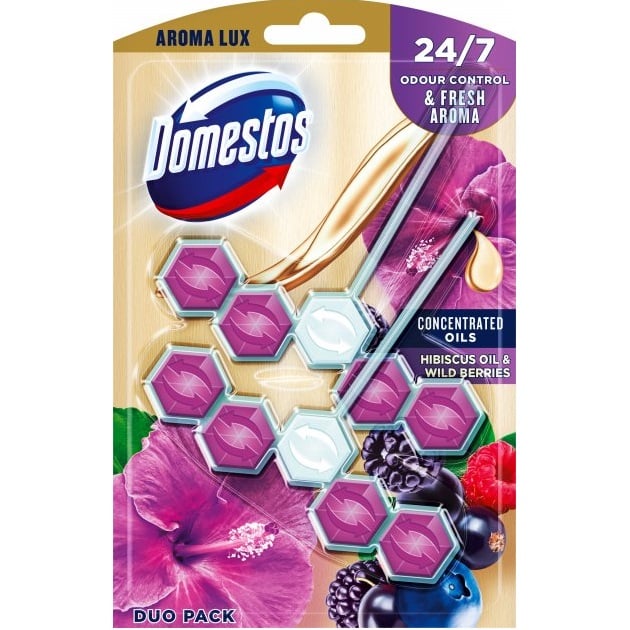 Блок для чистки унитаза Domestos Aroma Lux Свежесть гибискуса и лесных ягод, 110 г (2 шт по 55 г) - фото 1