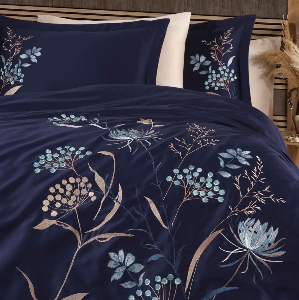 Комплект постельного белья Dantela Vita Nilufer lacivert сатин с вышивкой евро синий (svt-2000022307895) - фото 2