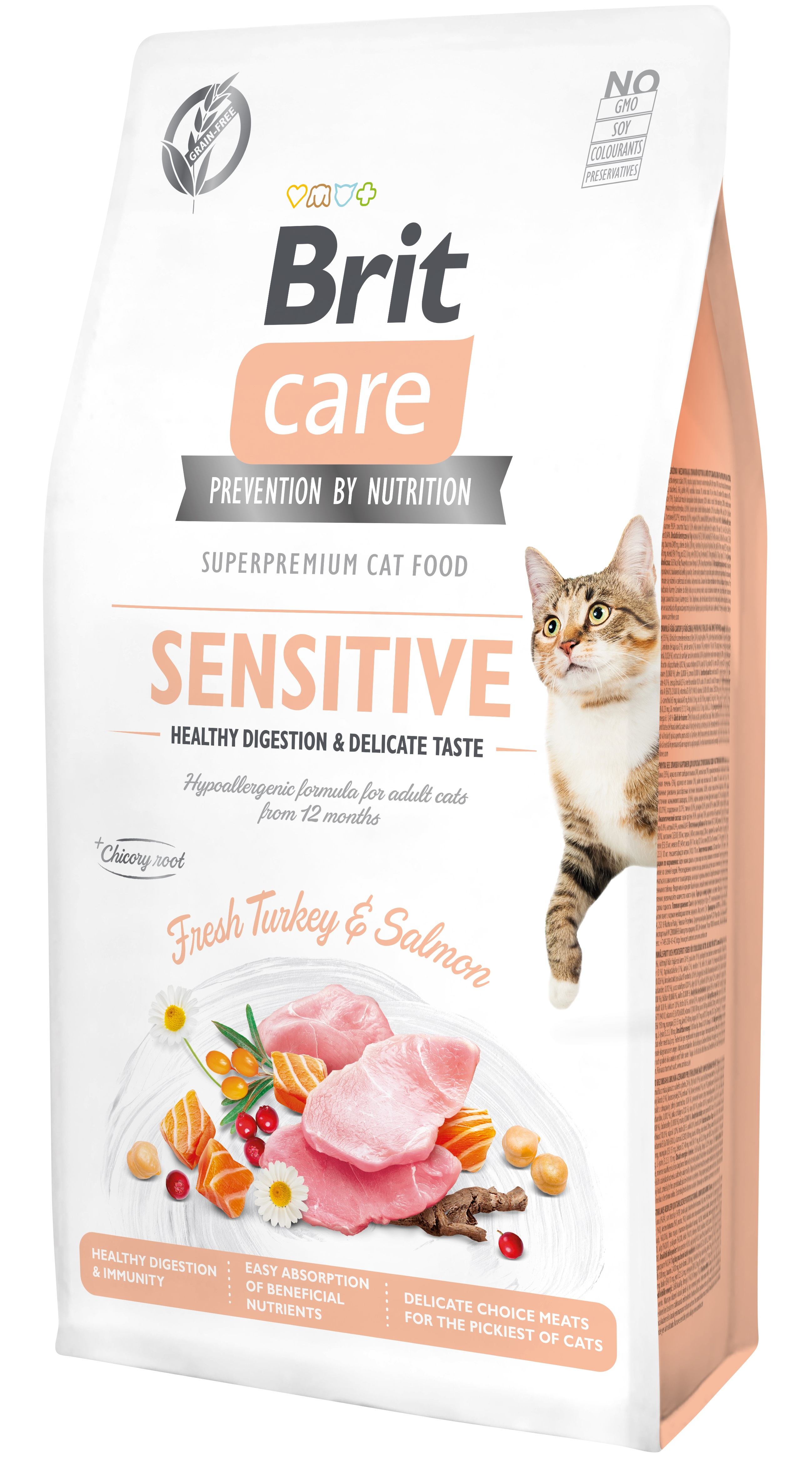 Беззерновой сухой корм для кошек с чувствительным пищеварением Brit Care Cat GF Sensitive Digestion&Delicate Taste, со свежей индейкой и лососем, 7 кг - фото 1