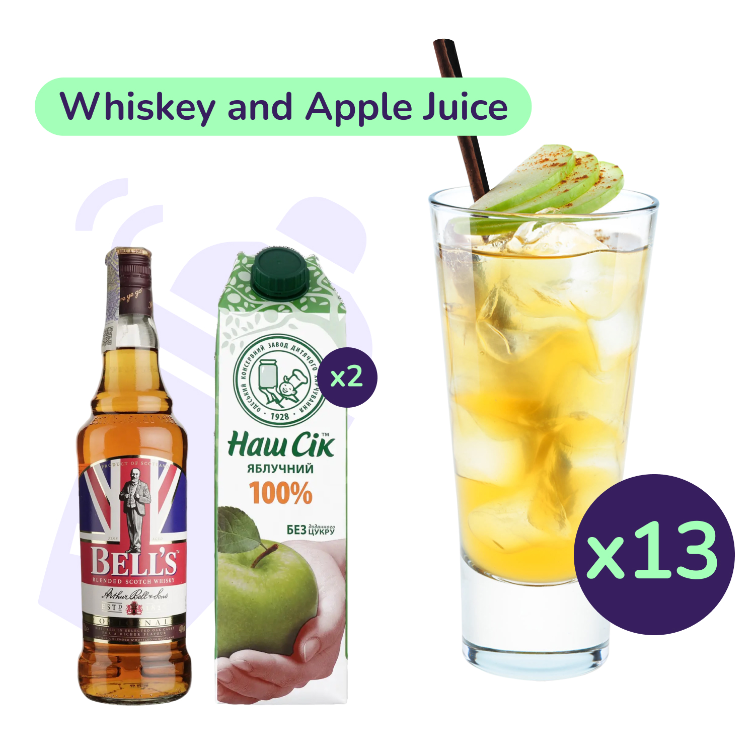 Коктейль Whiskey and Apple Juice (набор ингредиентов) х13 на основе Bell`s - фото 1