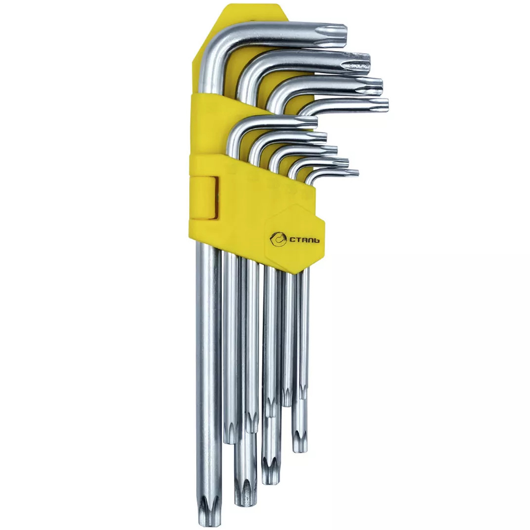Набір Г-подібних подовжених ключів Сталь TORX з отвором 9 шт. 10-50 мм (48106) - фото 1