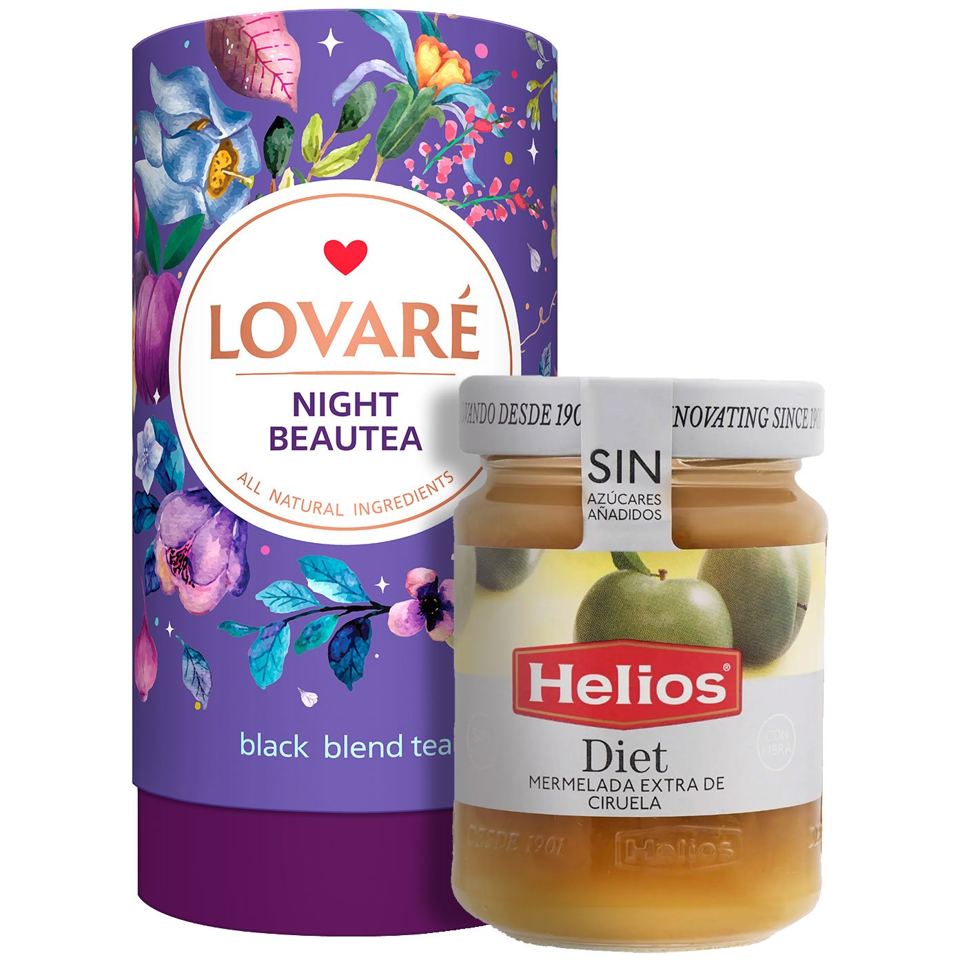 Набір: Чай чорний Lovare Night Beautea 80 г + Джем Helios Diet із зелених слив без цукру 280 г - фото 1