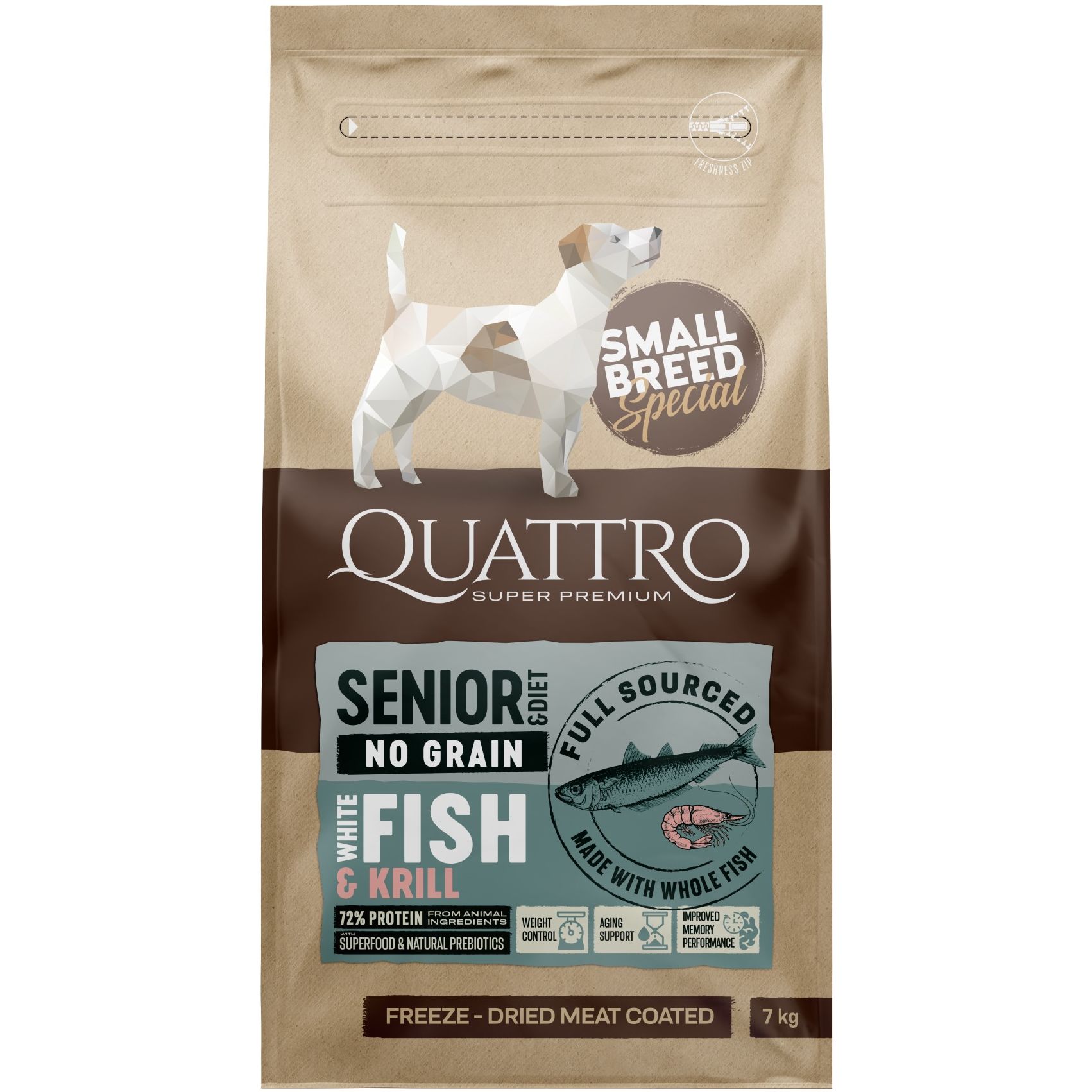 Сухий корм Quattro Senior & Diet Fish Small Breed для собак дрібних порід від 10 років та собак з надмірною вагою з білою рибою та крилем 7 кг - фото 1