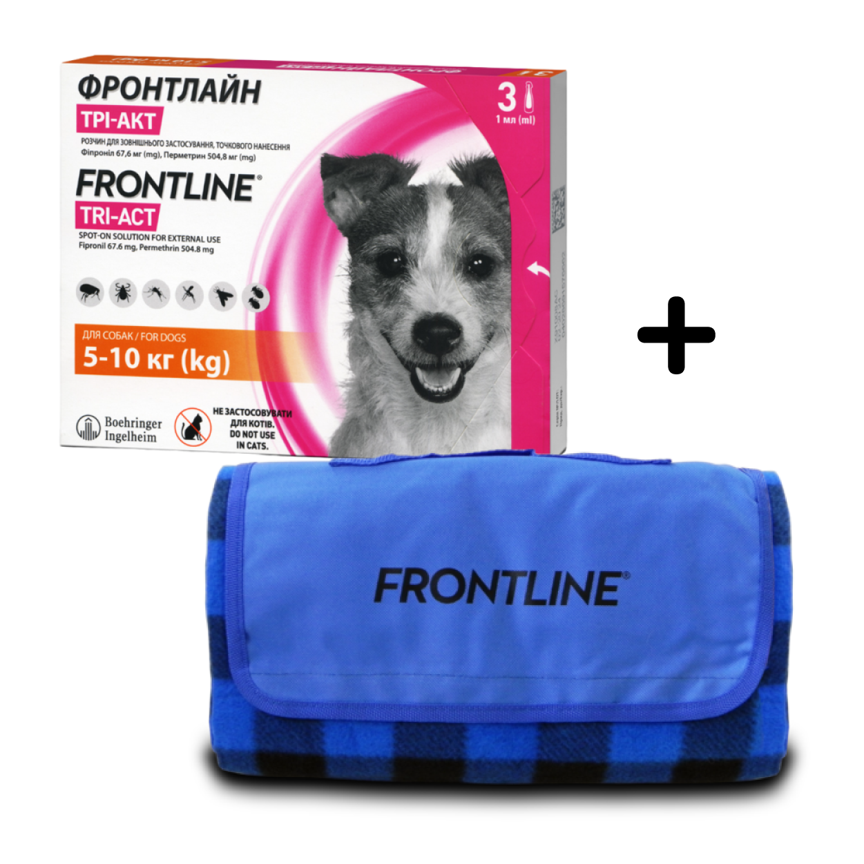 Капли Boehringer Ingelheim Frontline Tri-Act от блох и клещей для собак, 5-10 кг, 3 пипетки + Плед для пикника Frontline, темно-синий - фото 1