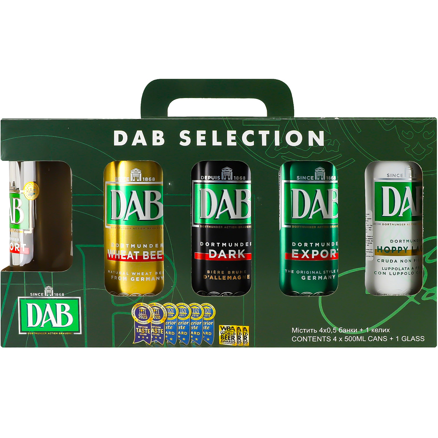 Набор: пиво DAB Export 0.5 л + DAB Wheat Beer 0.5 + DAB Dark 0.5 + DAB Hoppy 0.5 л ж/б + бокал - фото 1