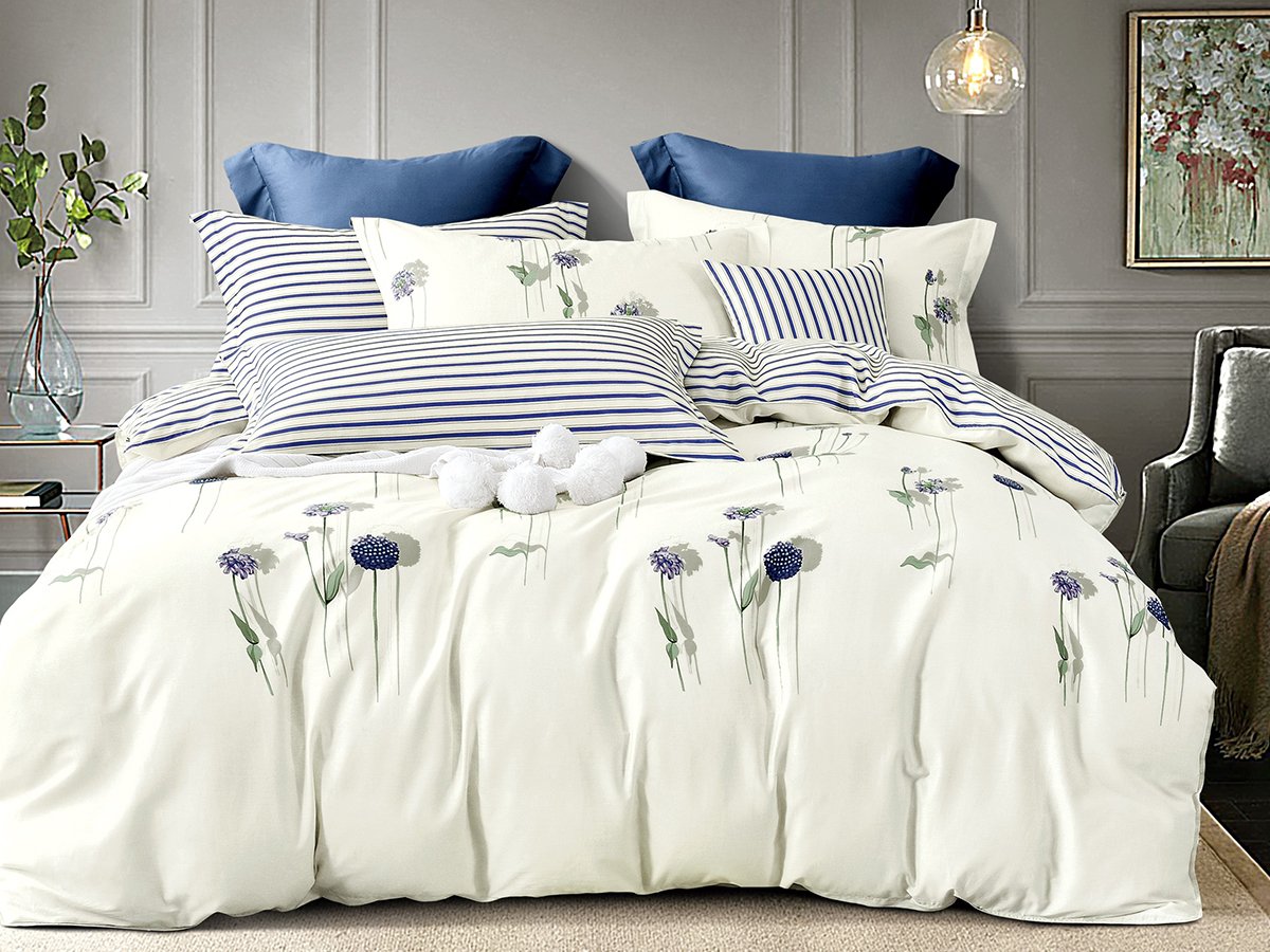 Комплект постельного белья Ecotton, твил-сатин, двуспальный, 210х175 см, белый с темно-синим (23356) - фото 1