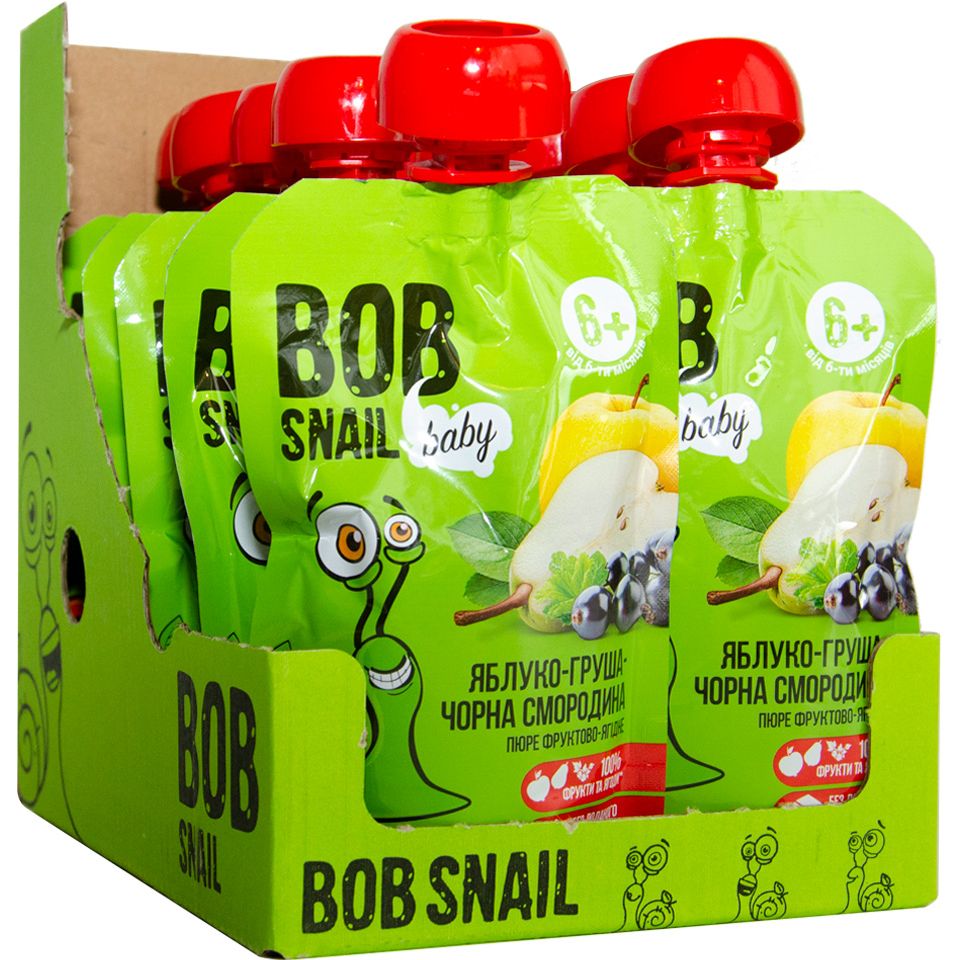 Пюре фруктовое Bob Snail Яблоко-Груша-Черная смородина, гомогенизированное 900 г (10 шт. по 90 г) - фото 1