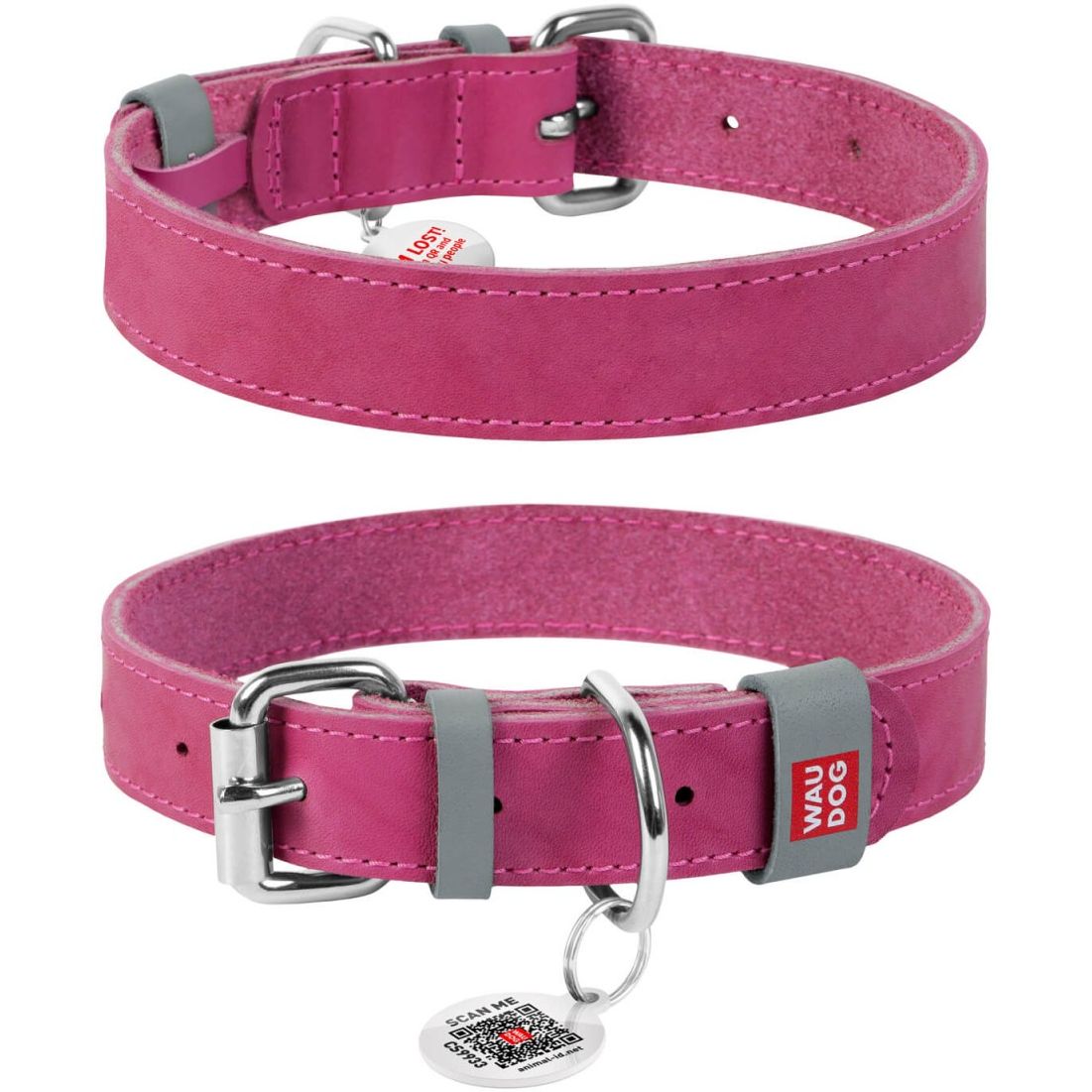 Ошейник для собак Waudog Classic, кожаный, с QR паспортом, 30-39х2 см, розовый - фото 3