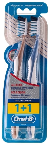 Зубная щетка Oral-B Все в одном, средняя, коричневый с синим, 2 шт. - фото 1