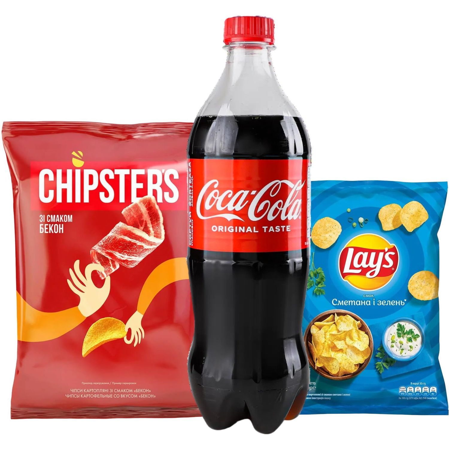 Набір: чипсы Lay's со вкусом сметаны и зелени 60 г + чипсы Chipster's со вкусом бекона 130 г + напиток Coca-Cola 750 мл - фото 1